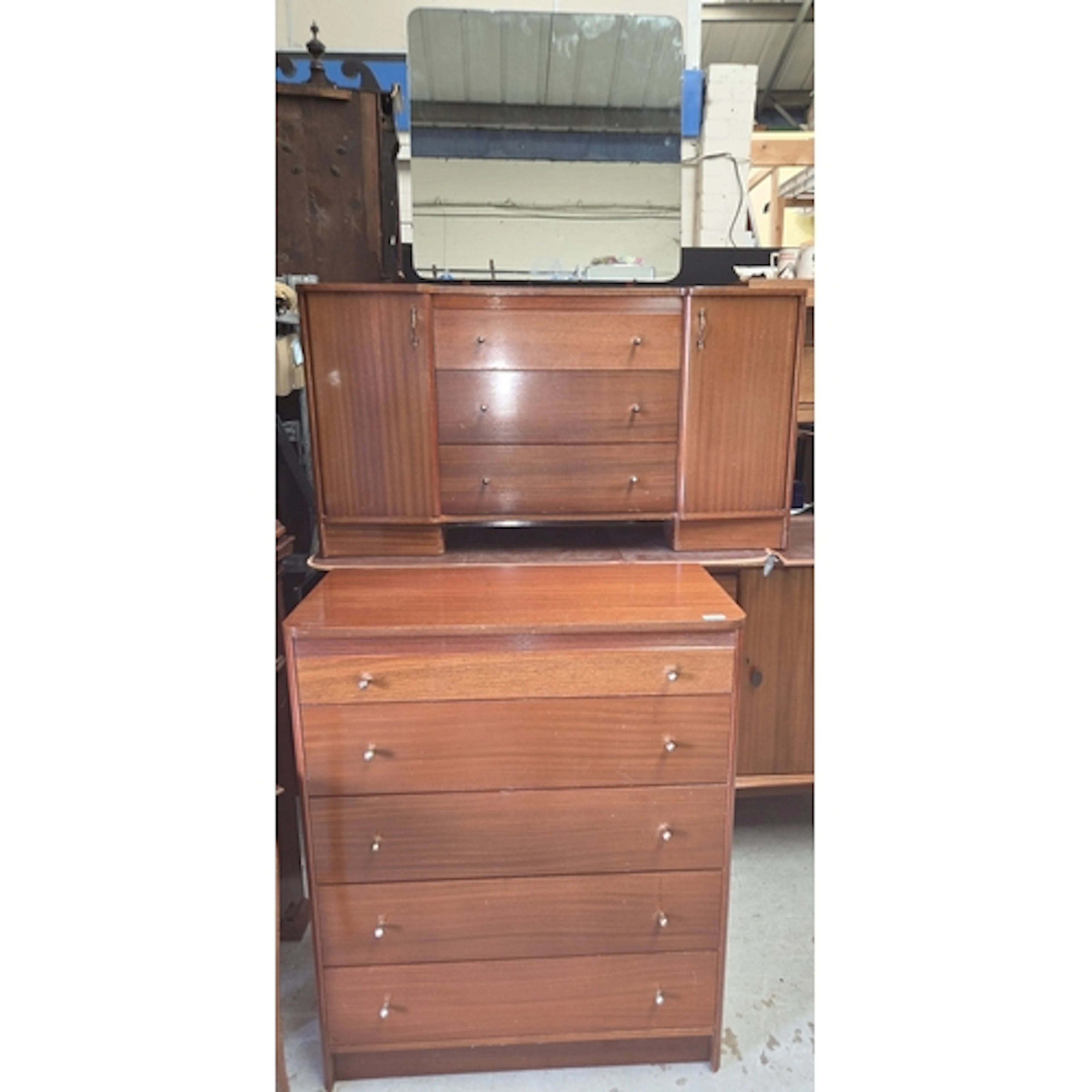 Mid century teak part bedroom suite comprising of 5 drawer c...