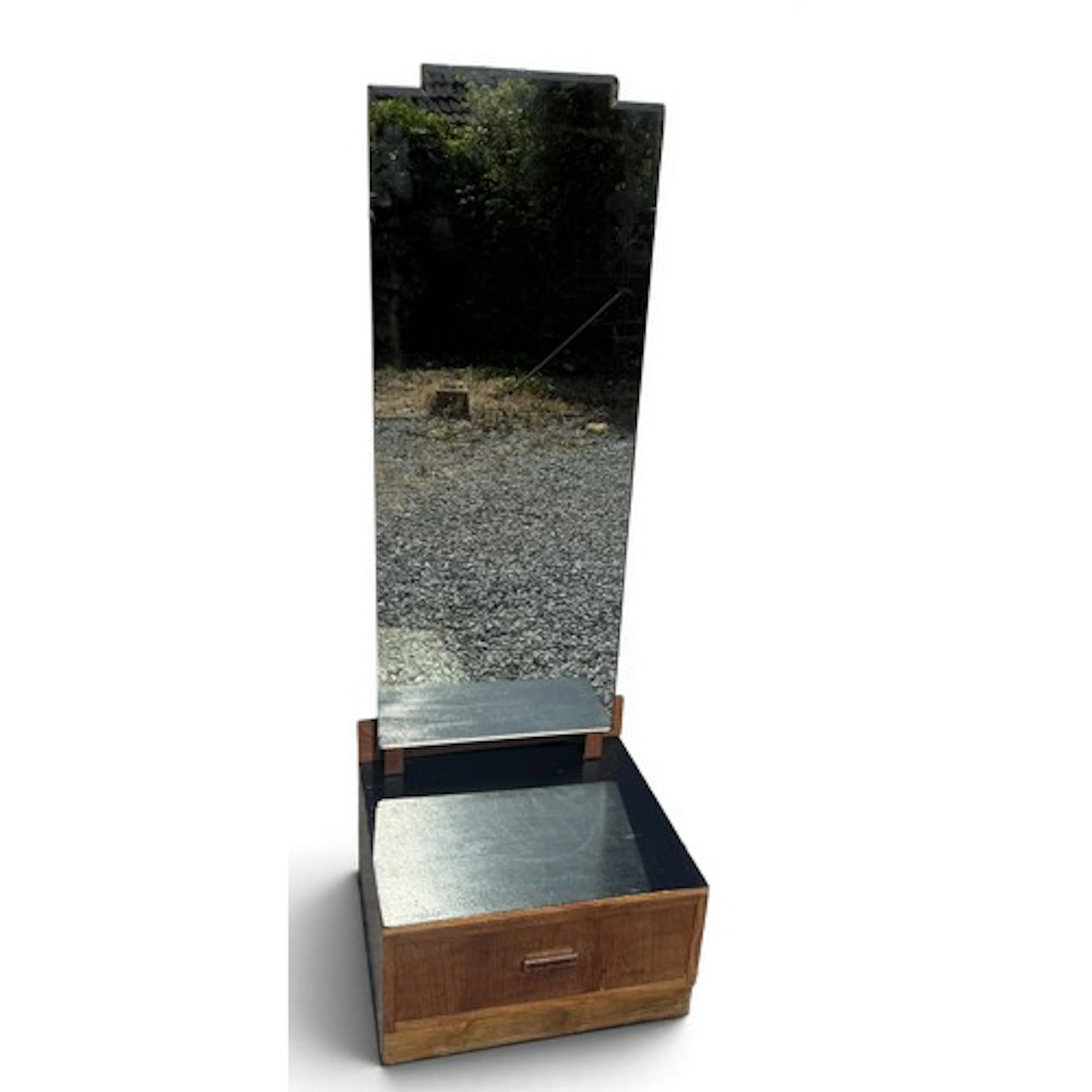 An Art Deco cheval mirror, with single drawer base and eboni...