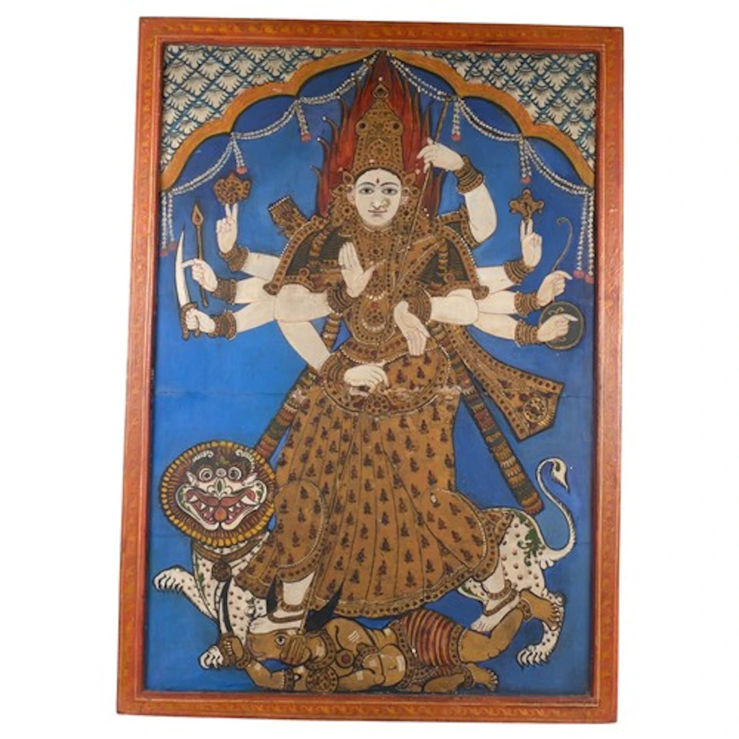 A large antique hand painted scroll, laid on board and frame...