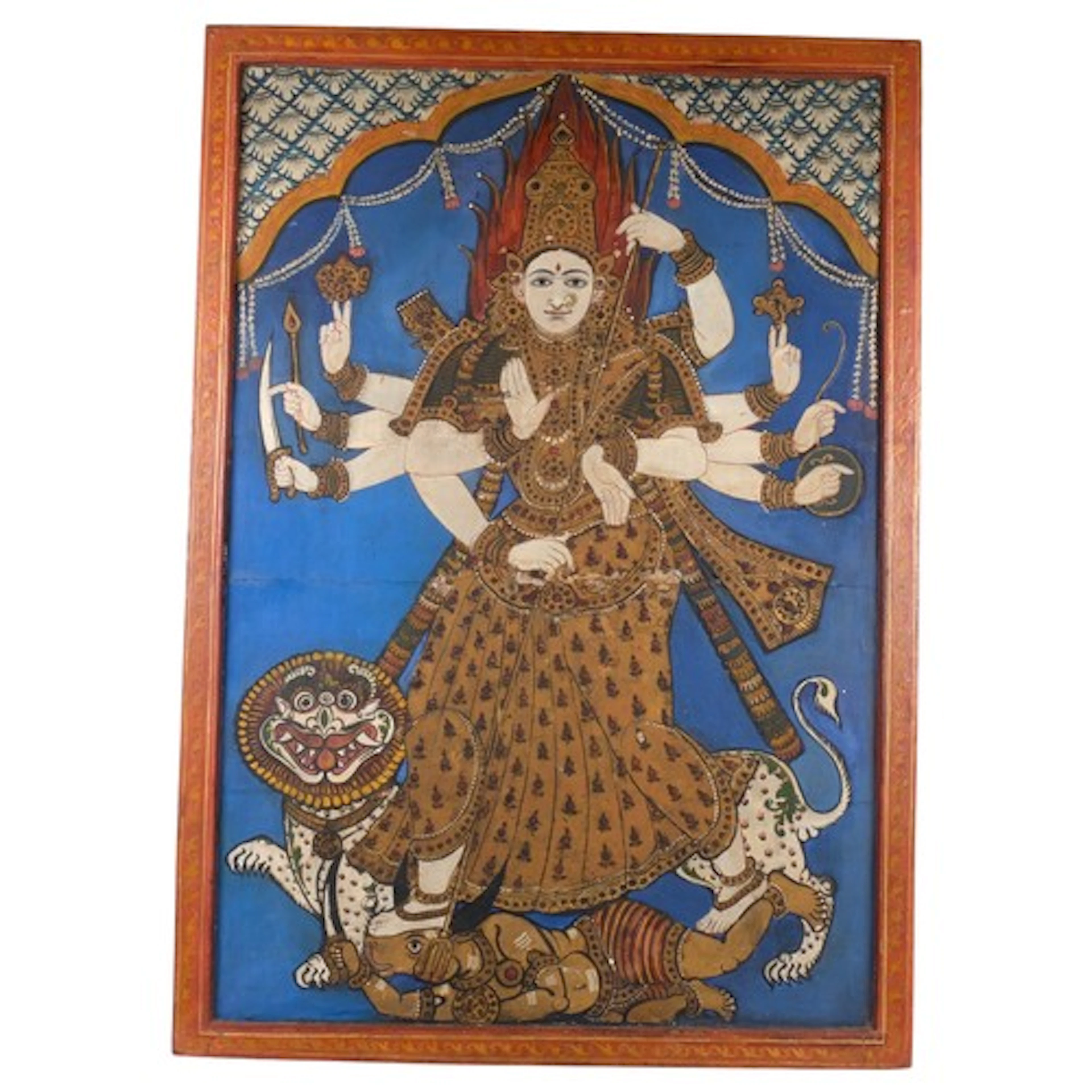 A large antique hand painted scroll, laid on board and frame...