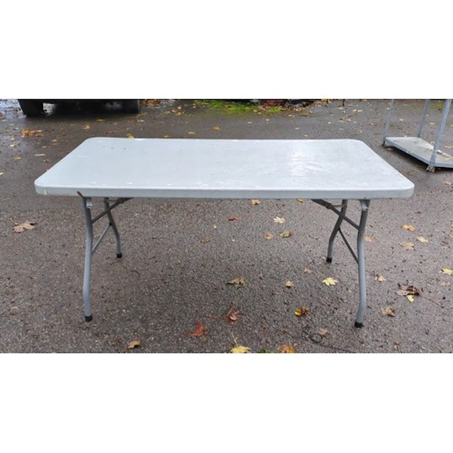 Rectangular folding trestle table with a grey moulded plasti...