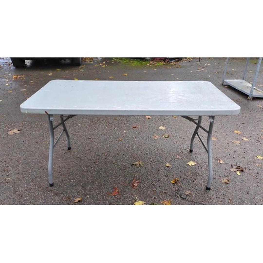 Rectangular folding trestle table with a grey moulded plasti...