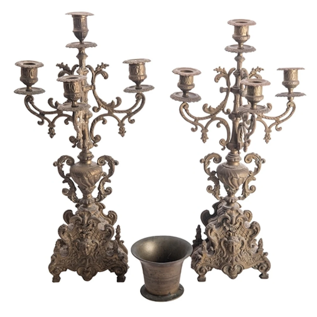 A pair of brass four light candelabra in Louis XIV taste, ea...