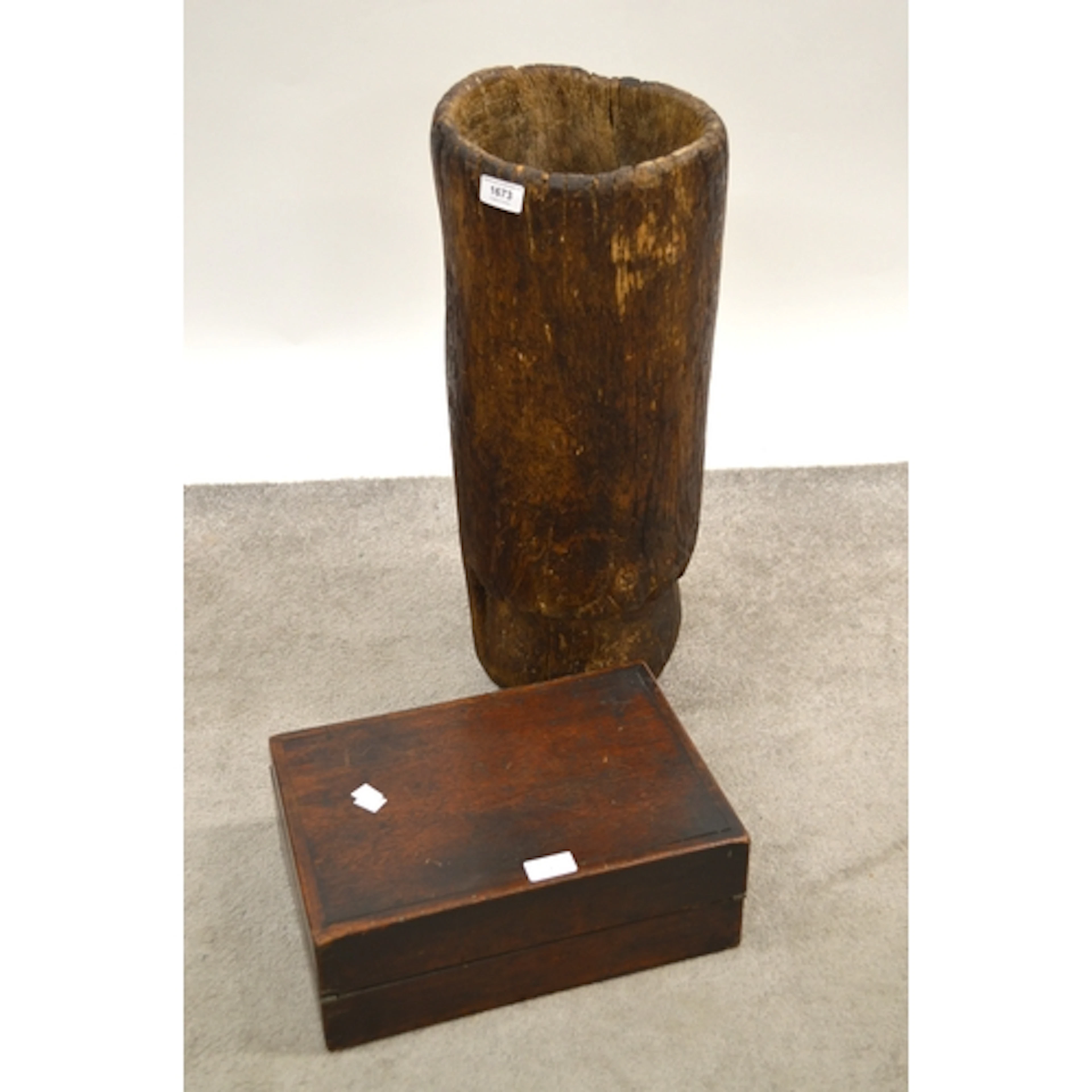 Naive cylindrical wooden stick stand, 59cm high, together wi...