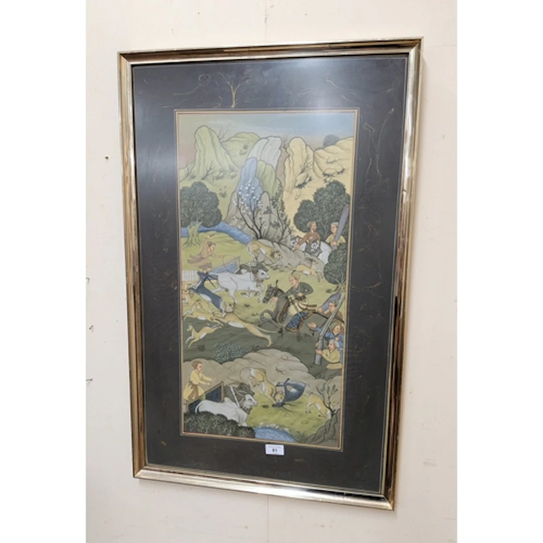 A large framed Persian watercolour, image size 26" x 13"