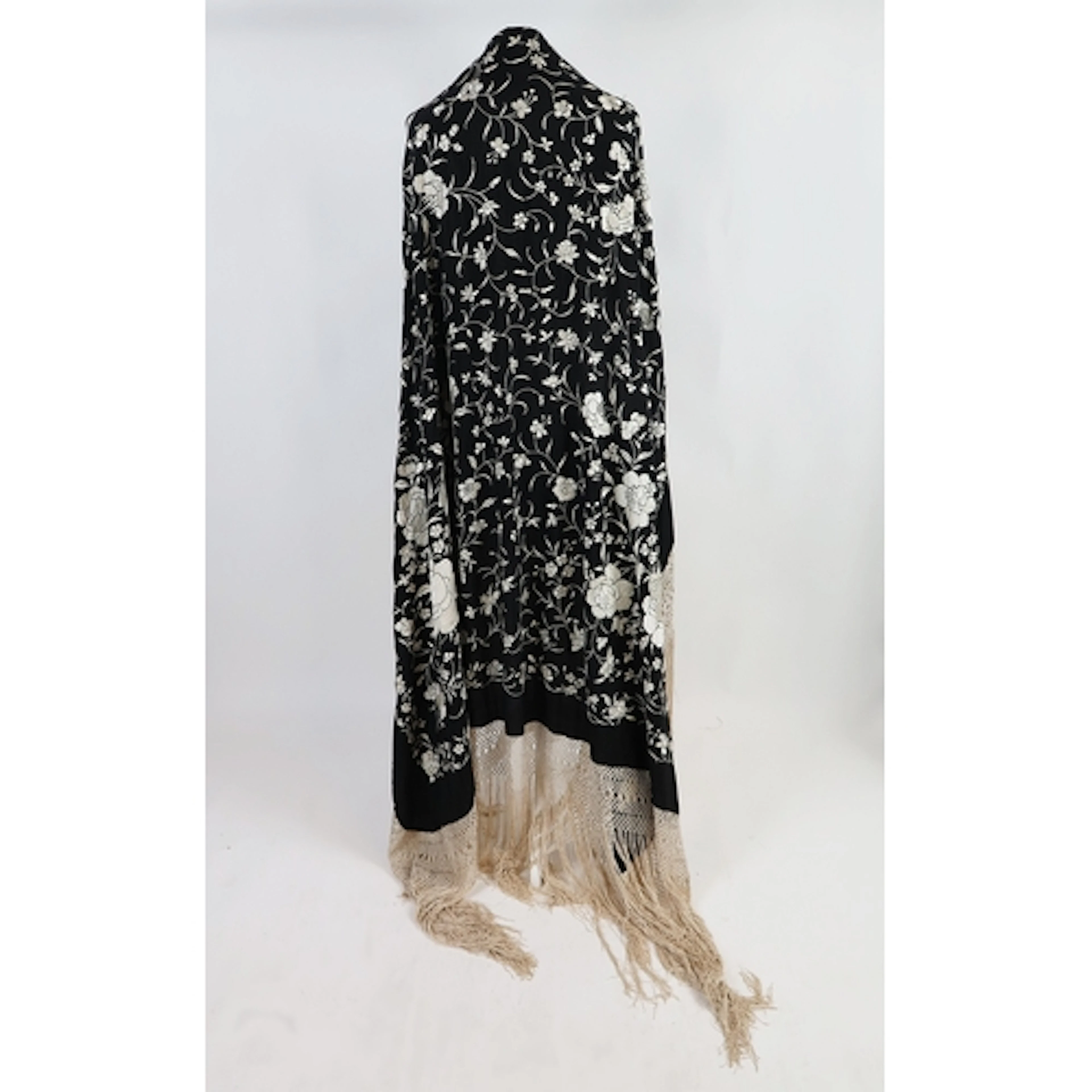 Early 20th Century silk piano shawl in black, with embroider...