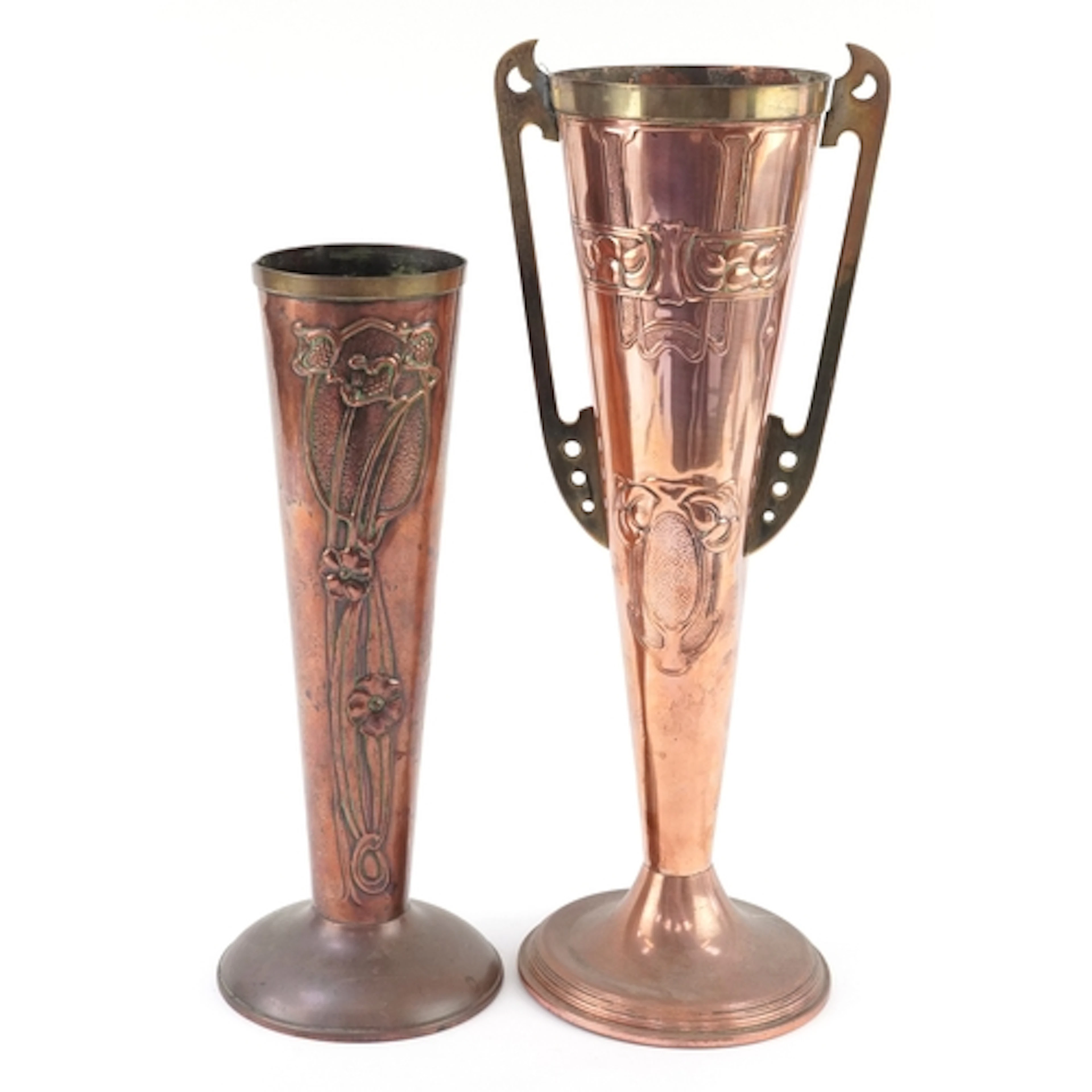 Art Nouveau Beldray copper vase embossed with stylized flowe...