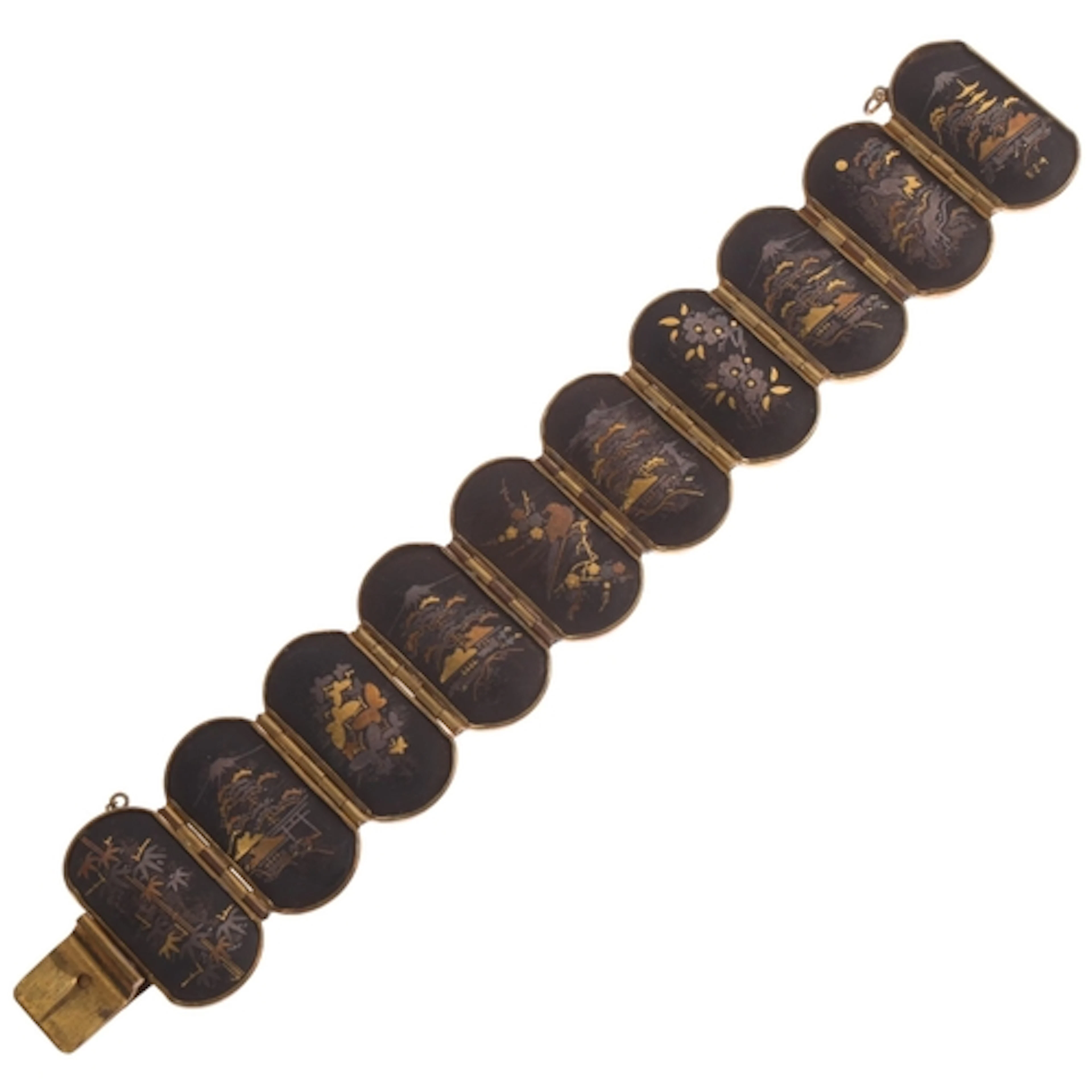 A Vintage Japanese Shakudo Damascene panel bracelet, circa 1...
