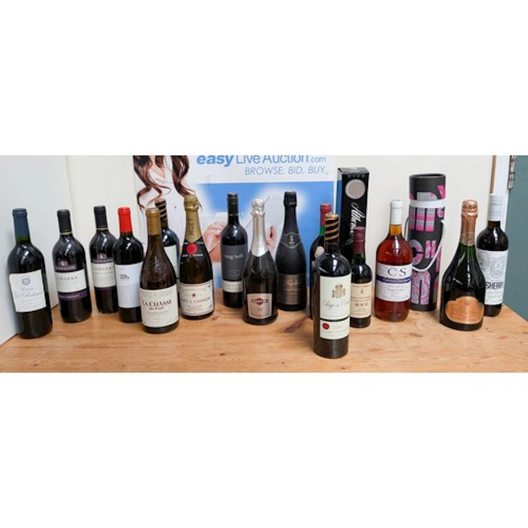 Five bottles of French 2002 wine, Martini, Cawarra Shiraz, M...