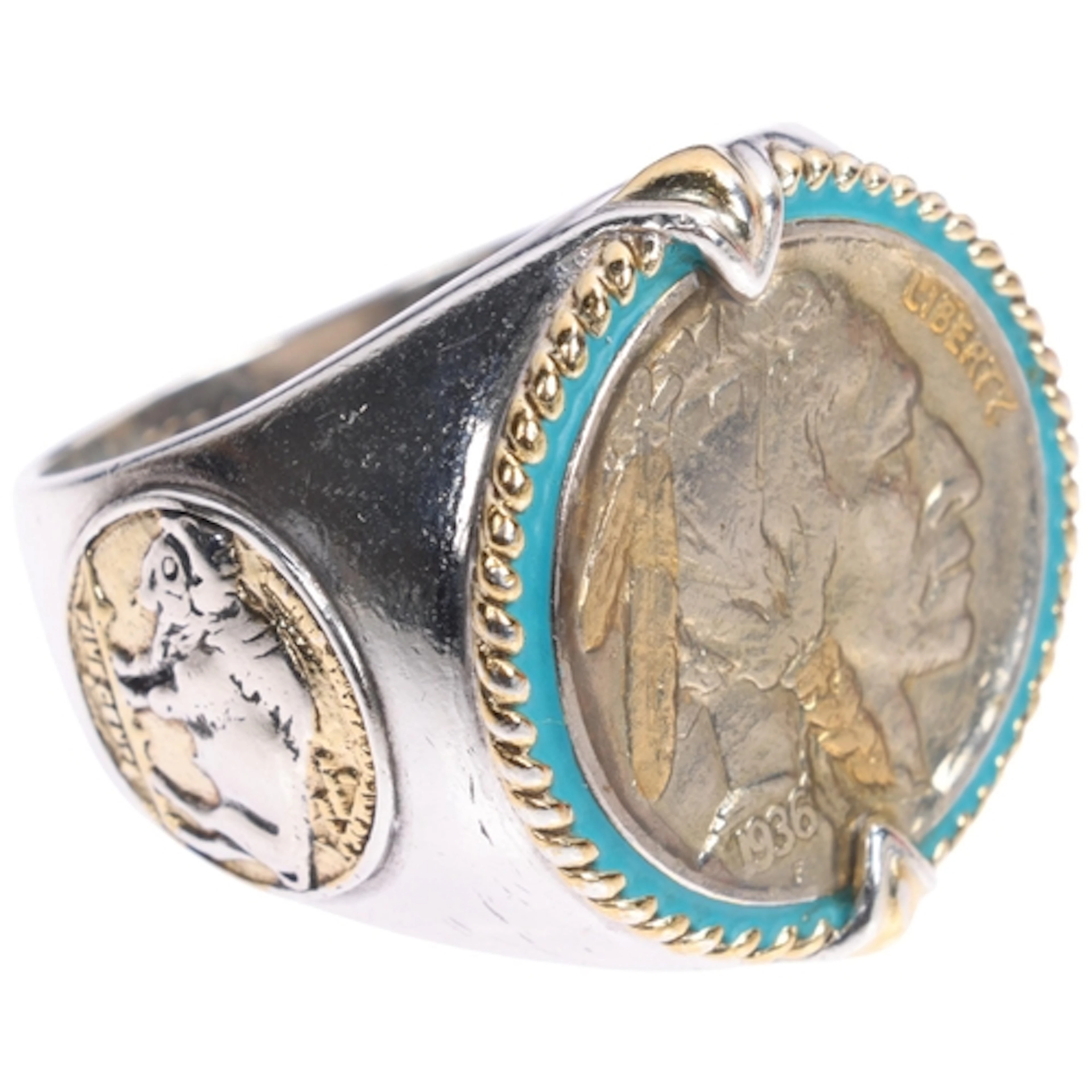 A large sterling silver 'Indian Head Nickel' coin signet rin...