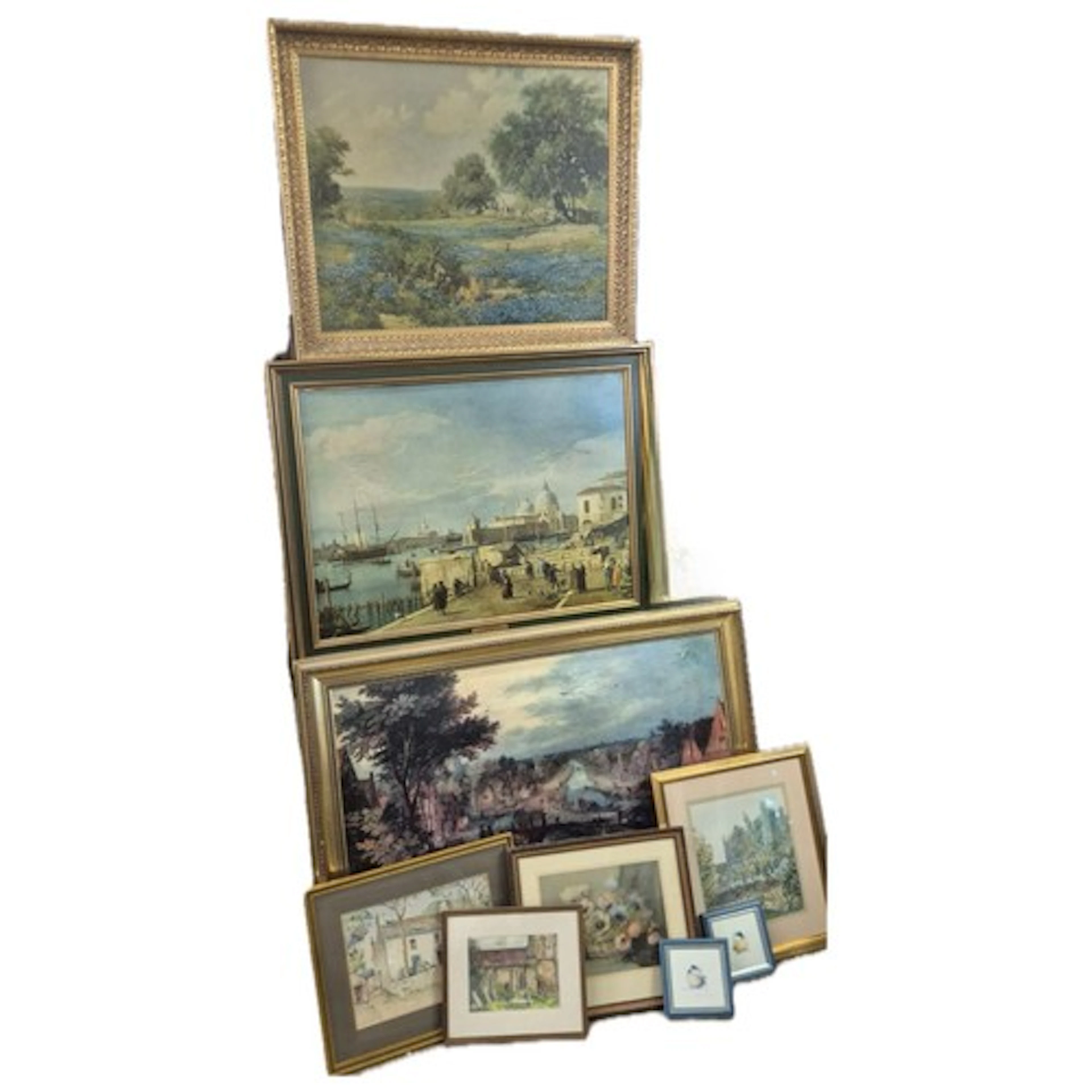 Three large prints, including Canaletto, The Quai of the Pia...