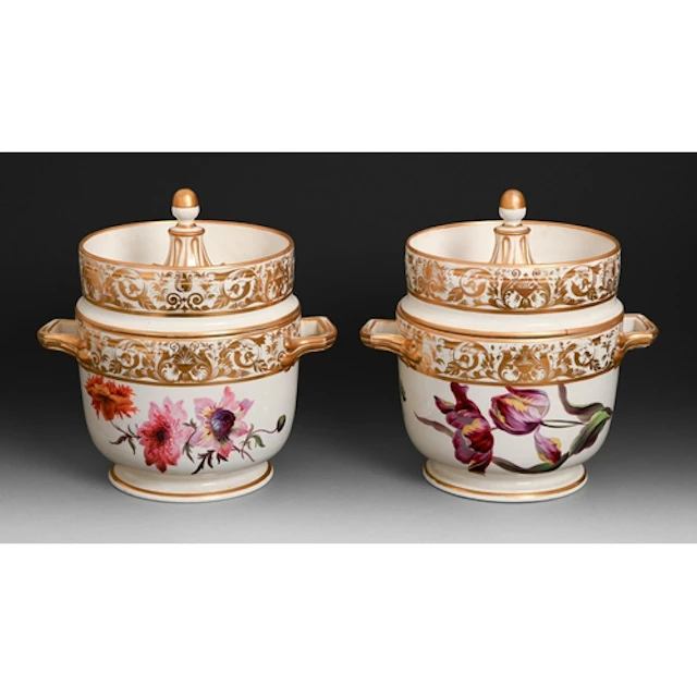 A pair of Derby botanical ice pails and covers, c1810, paint...