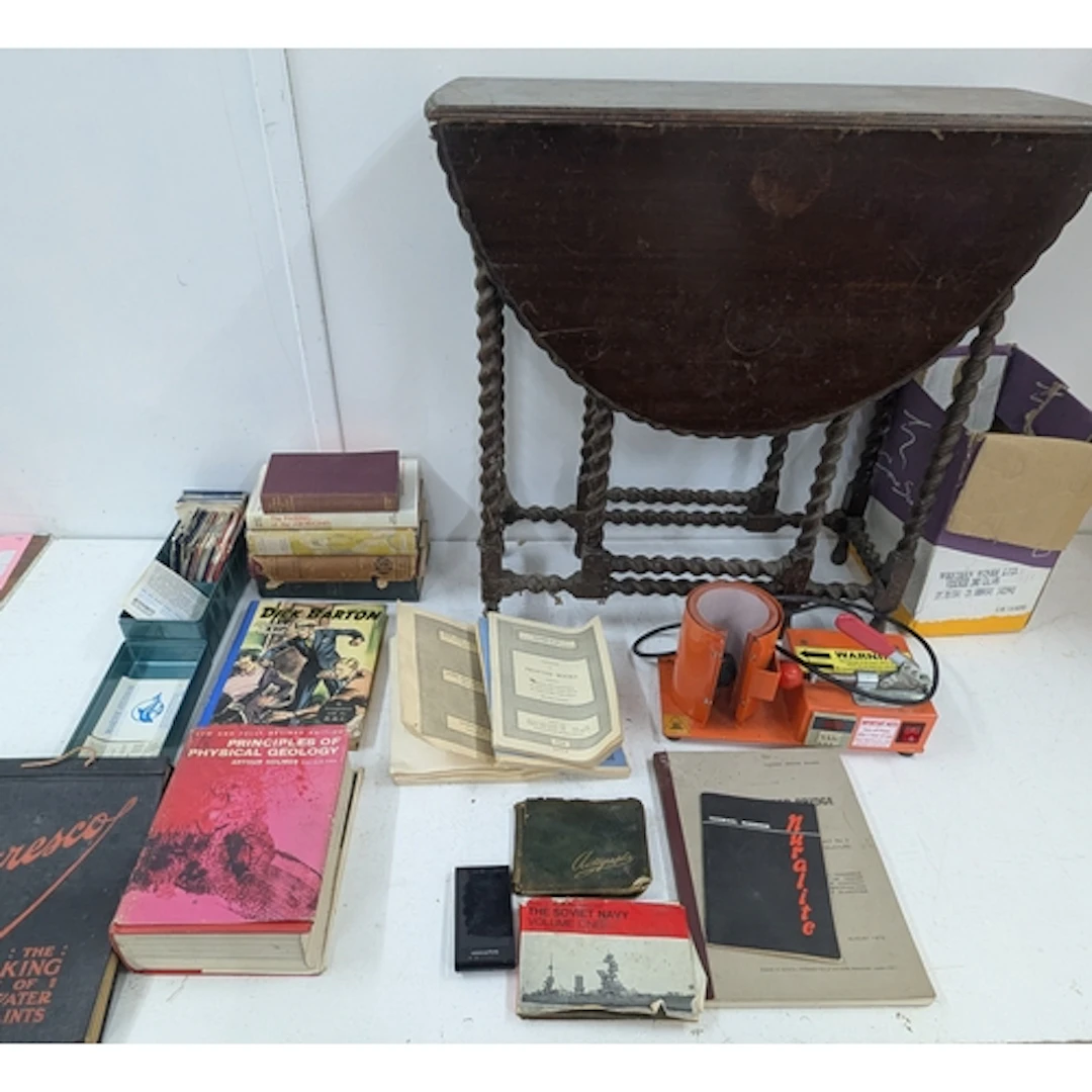 A mixed lot to include a Barley twist gate leg table, books ...