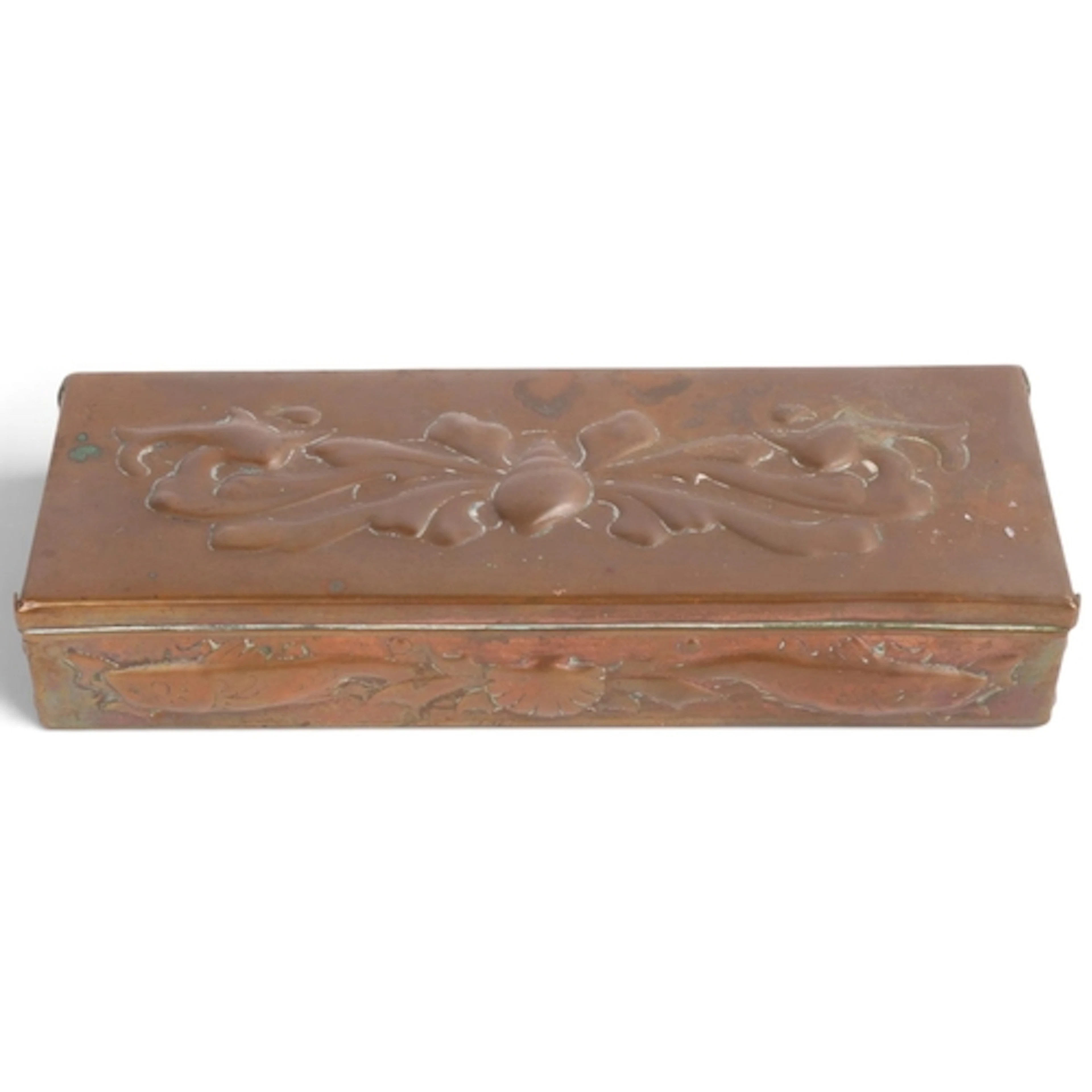 A Newlyn Arts & Crafts rectangular copper box, the hinged co...