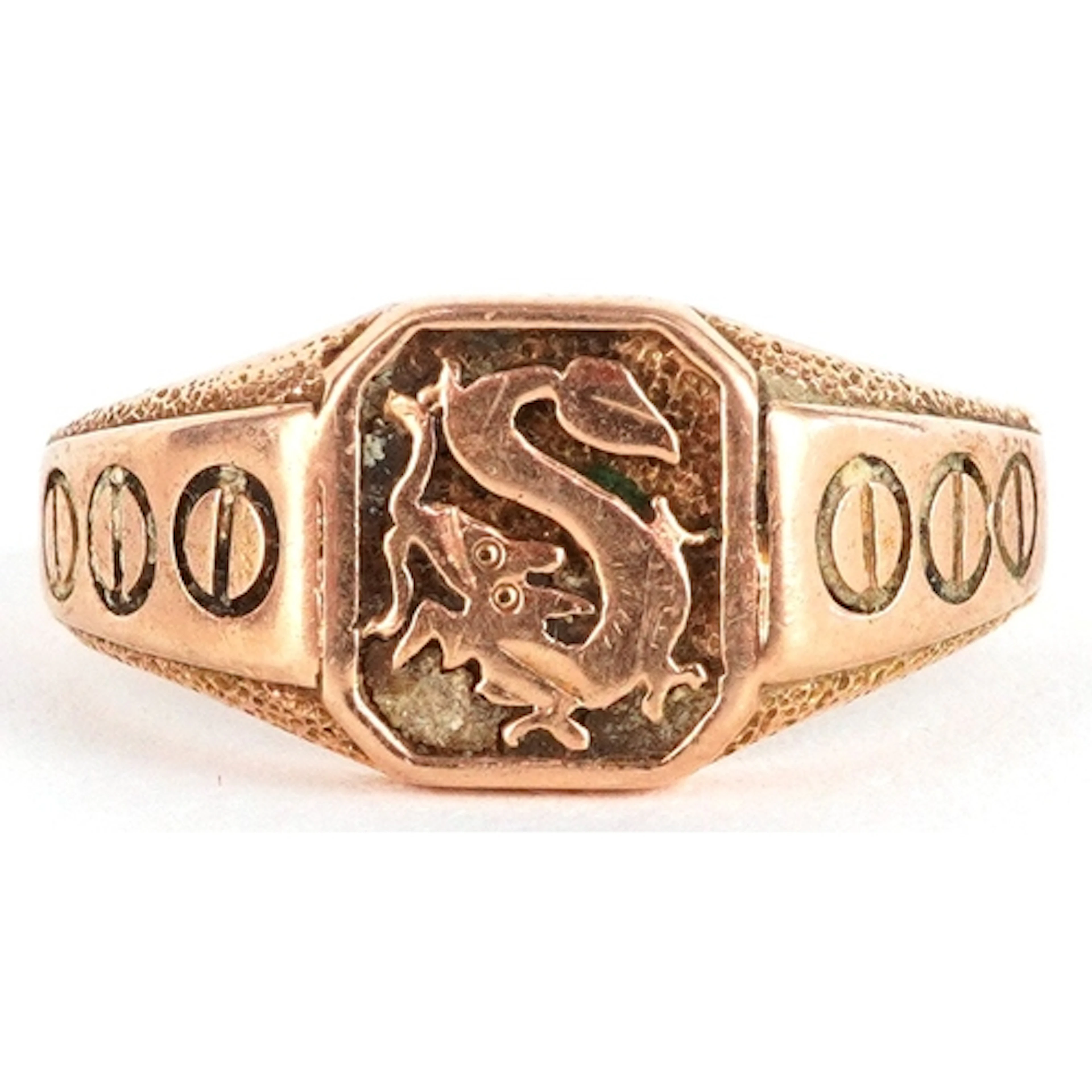 Antique unmarked rose gold initial S signet ring, size P, 3....