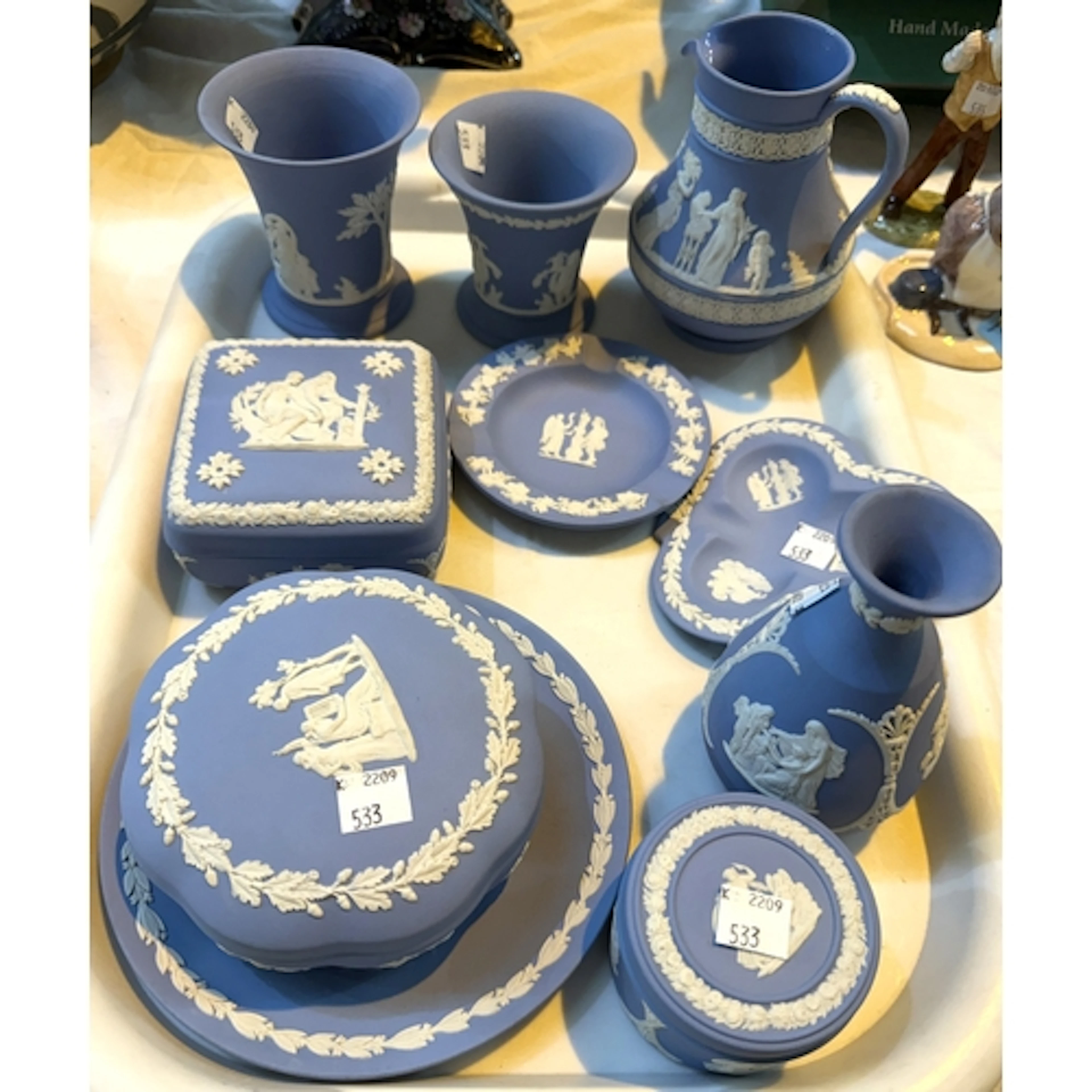 A collection of Wedgwood light blue Jasperware; Royal Crown ...