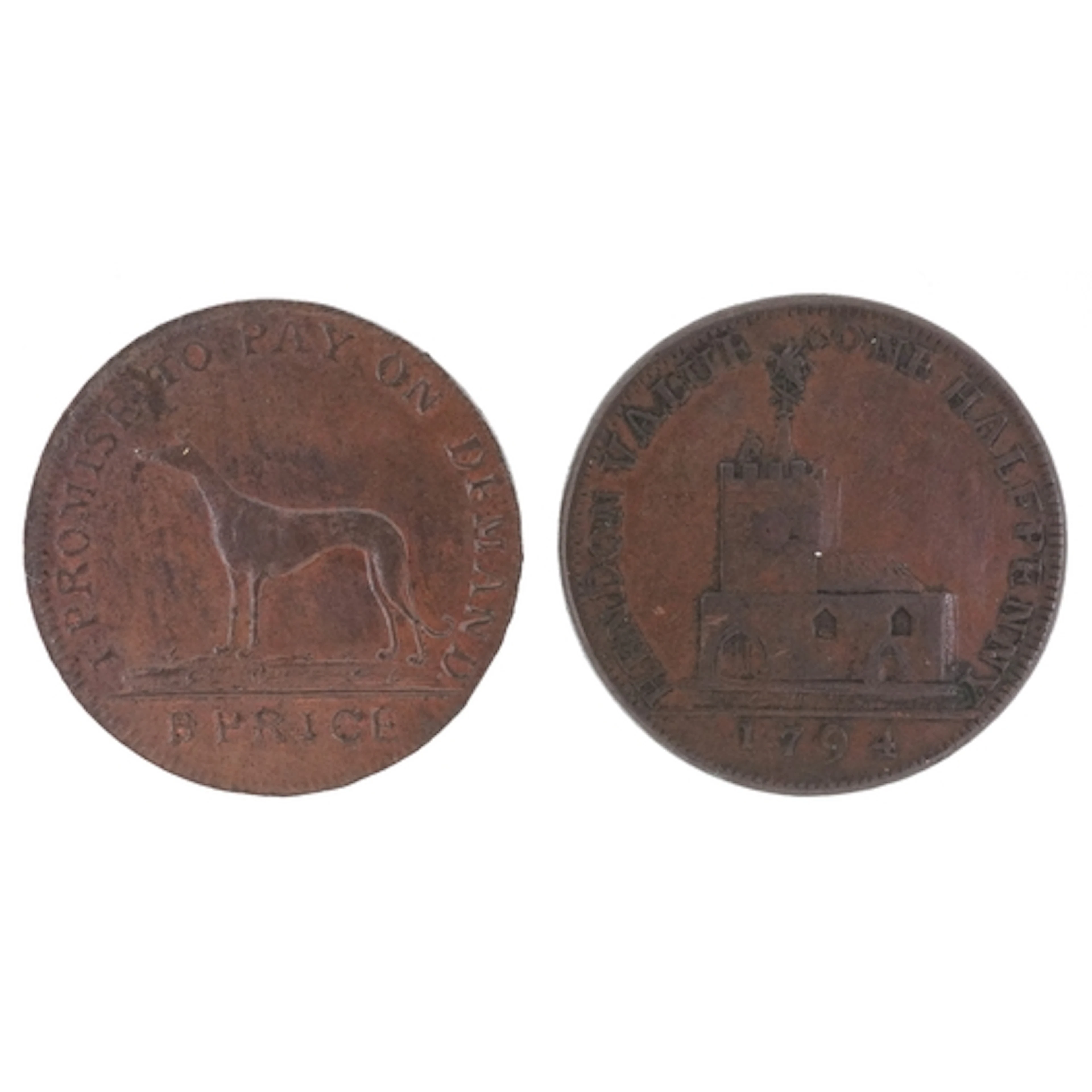 Two 18th century 1794 Middlesex-Hendon copper halfpenny toke...
