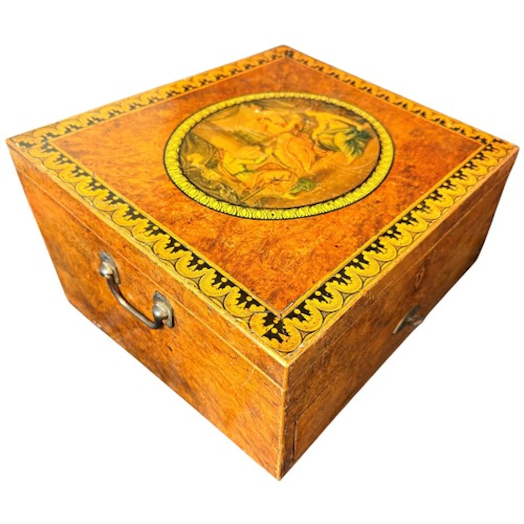 A large early Tunbridge ware writing / work box, with a hing...