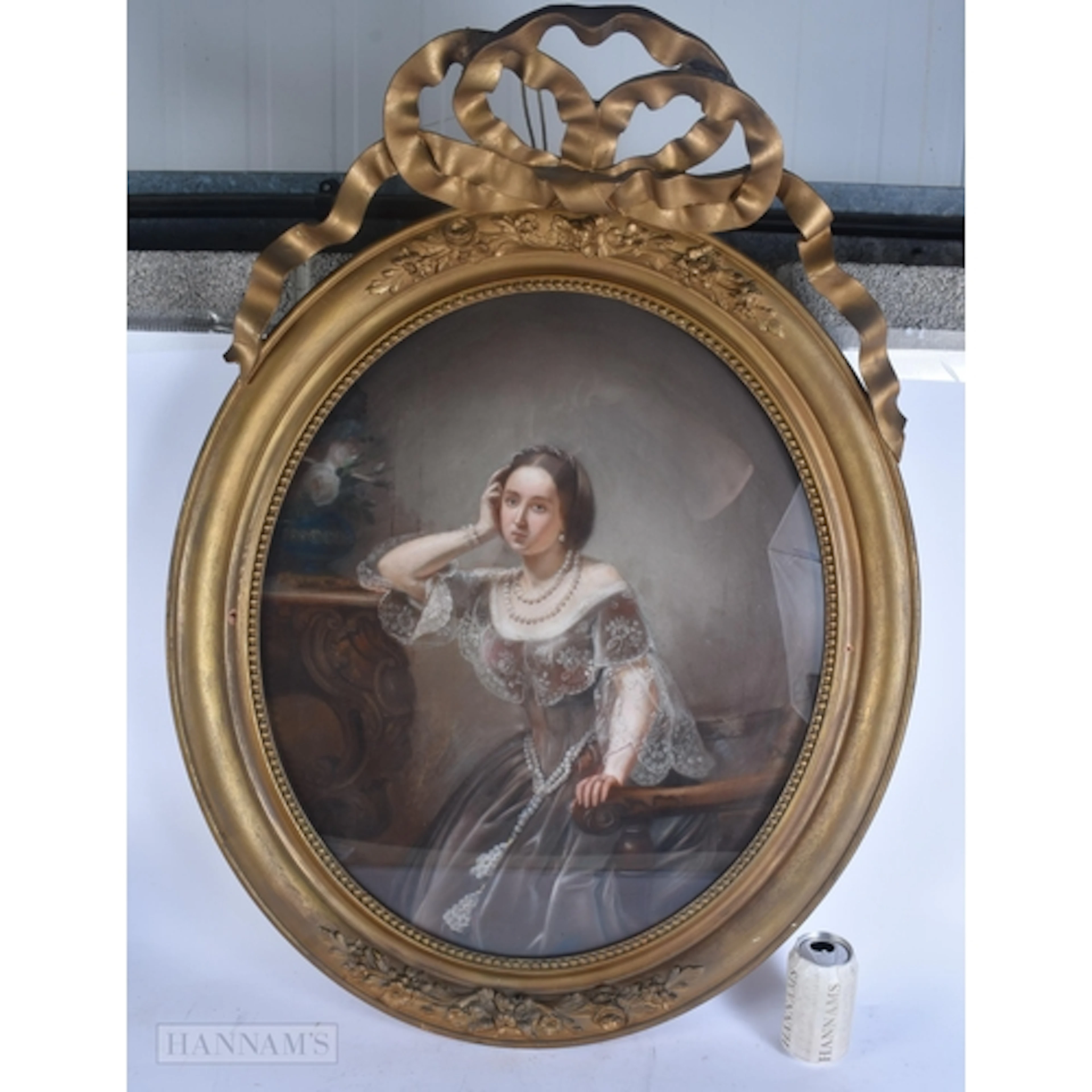 French School (19th Century) Framed oval pastel portrait, Po...