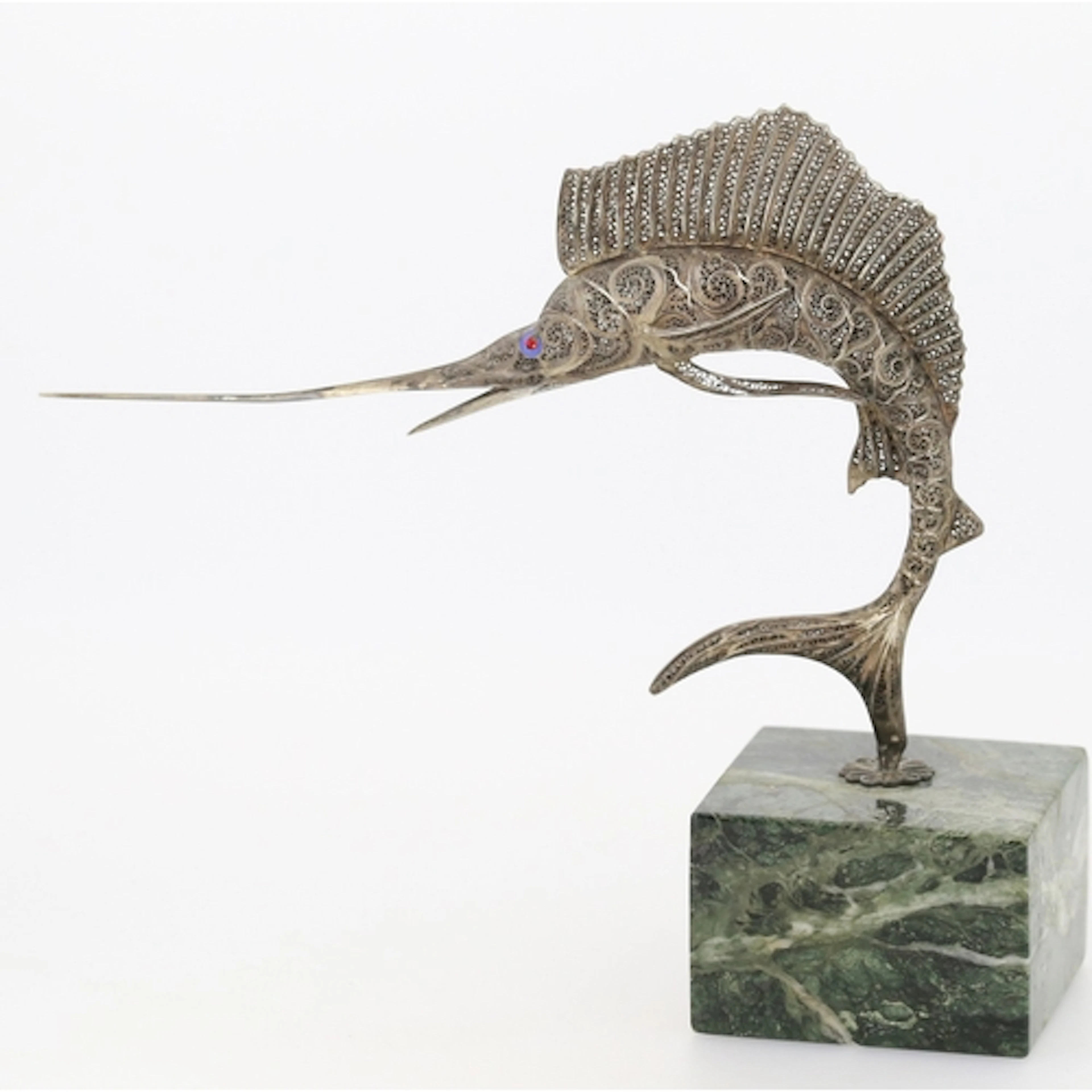 Finely Detailed, Silver Filigree Form Marlin Sculpture with ...