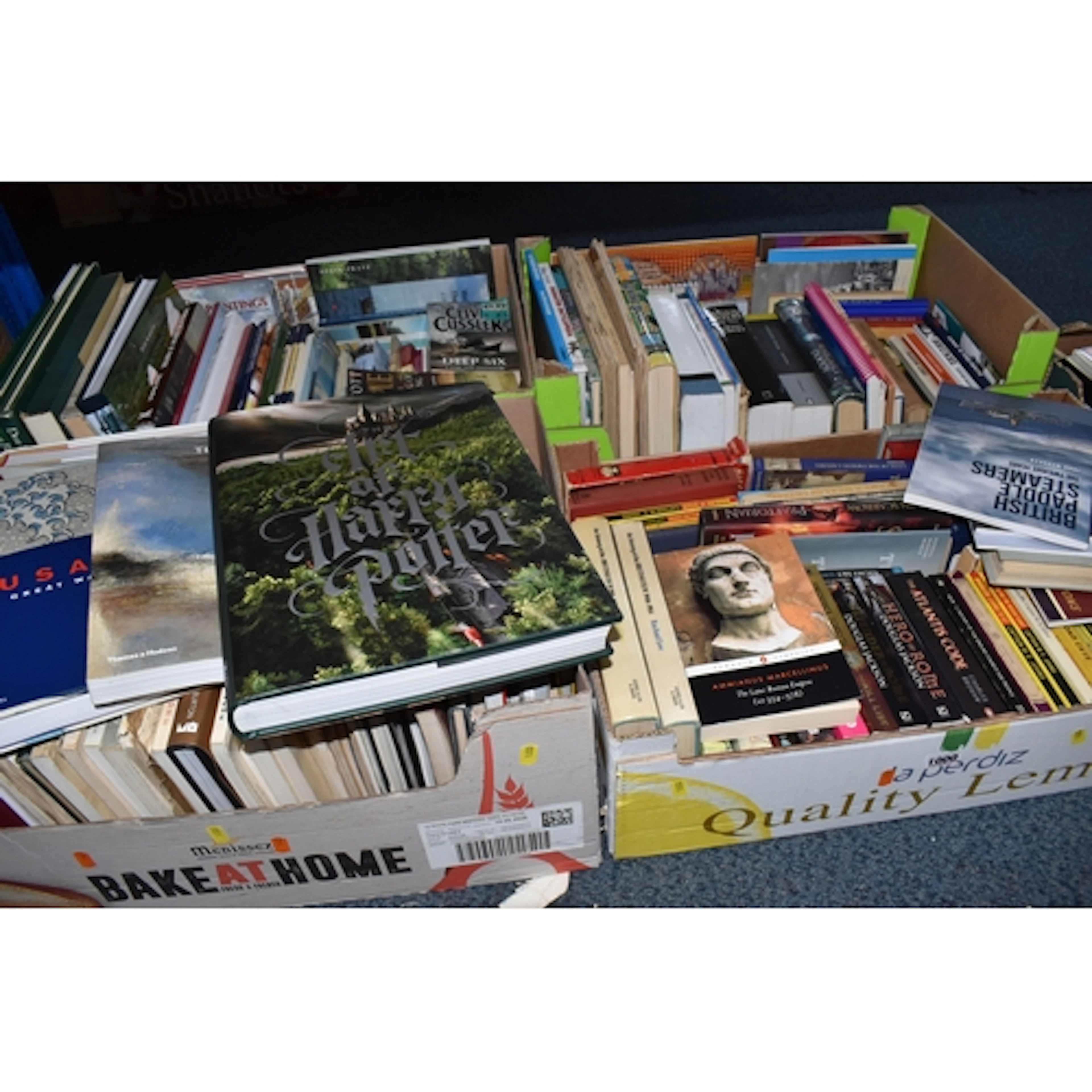FIVE BOXES OF BOOKS, MAPS, AND VHS/DVD to include four boxes...