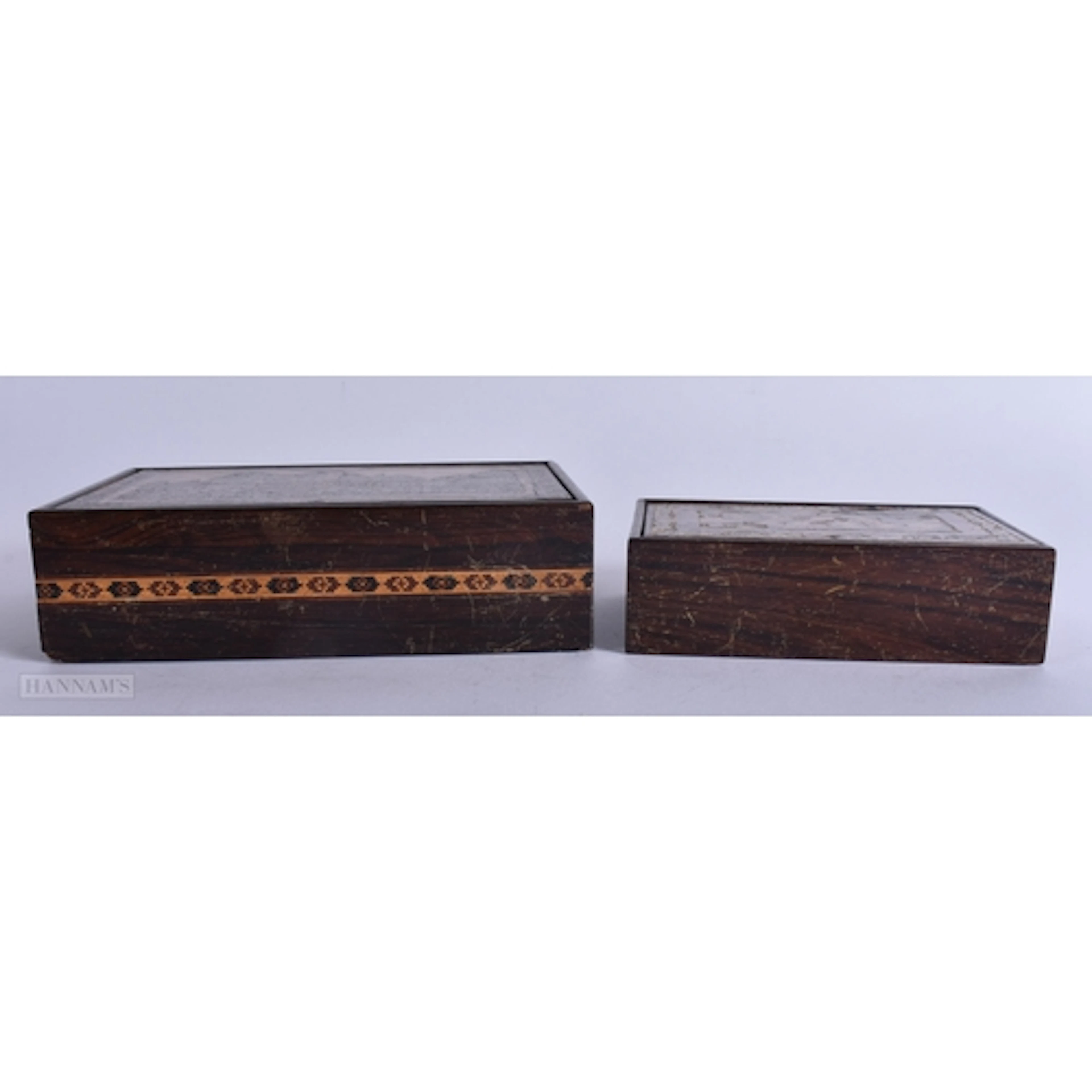 TWO VICTORIAN TUNBRIDGEWARE BOXES AND COVERS. Largest 18 cm ...