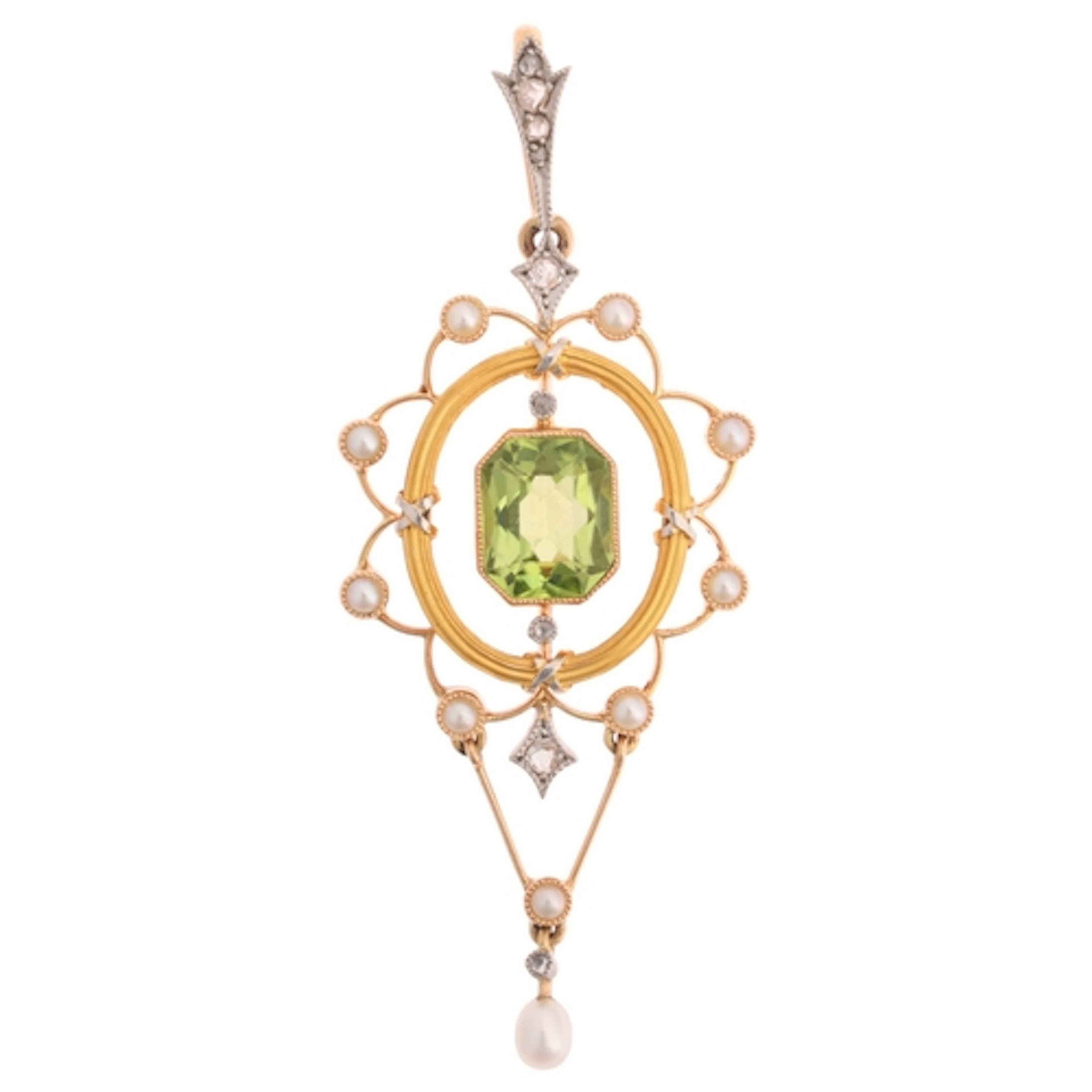 An Edwardian gold peridot diamond and pearl openwork pendant...