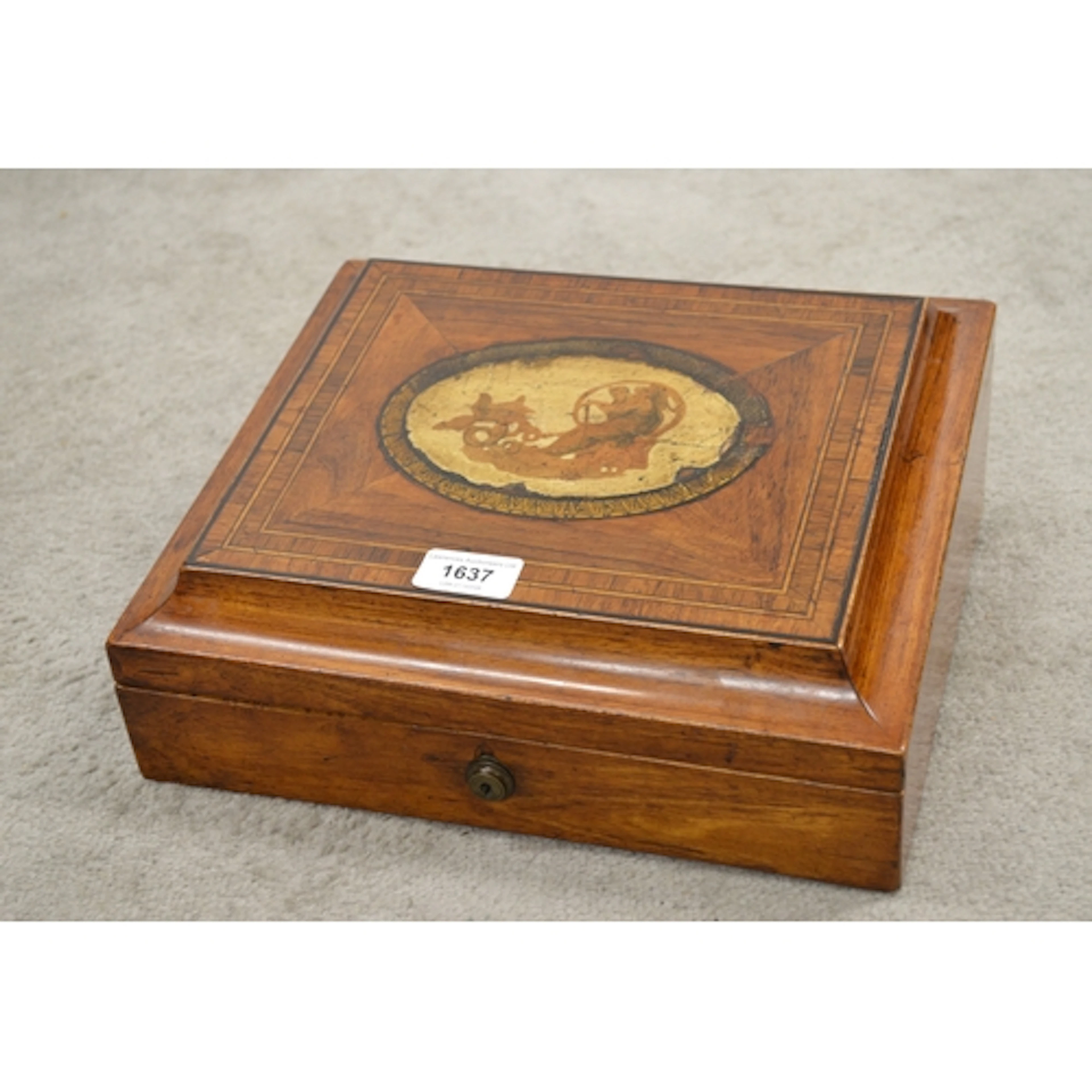 19th Century rosewood crossbanded and inlaid box, with oval ...