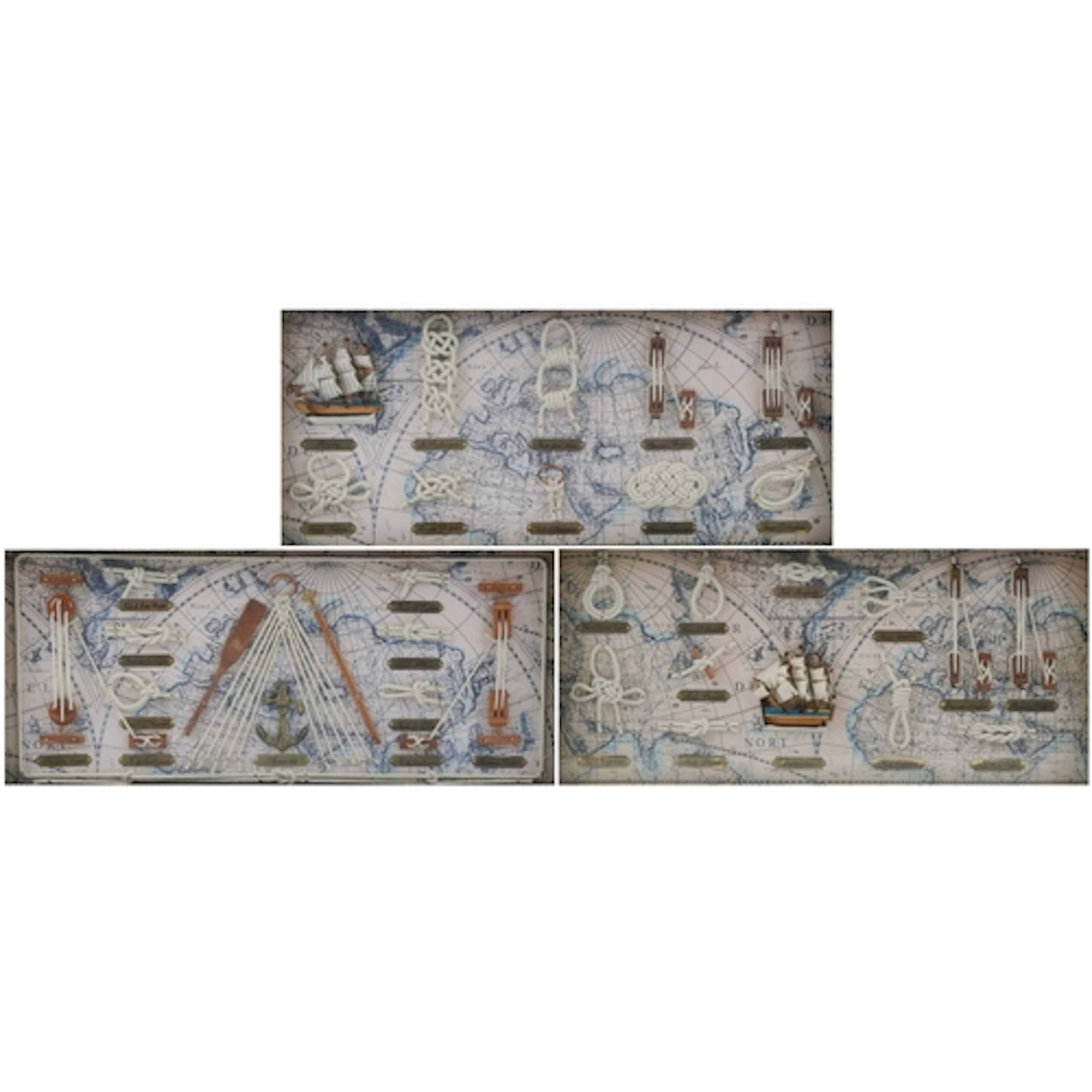 Three naval interest glazed displays of shipping interest na...
