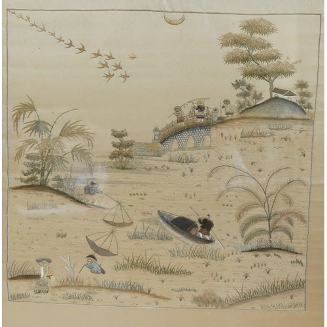A framed late Qing dynasty fishing scene embroidery, of fish...