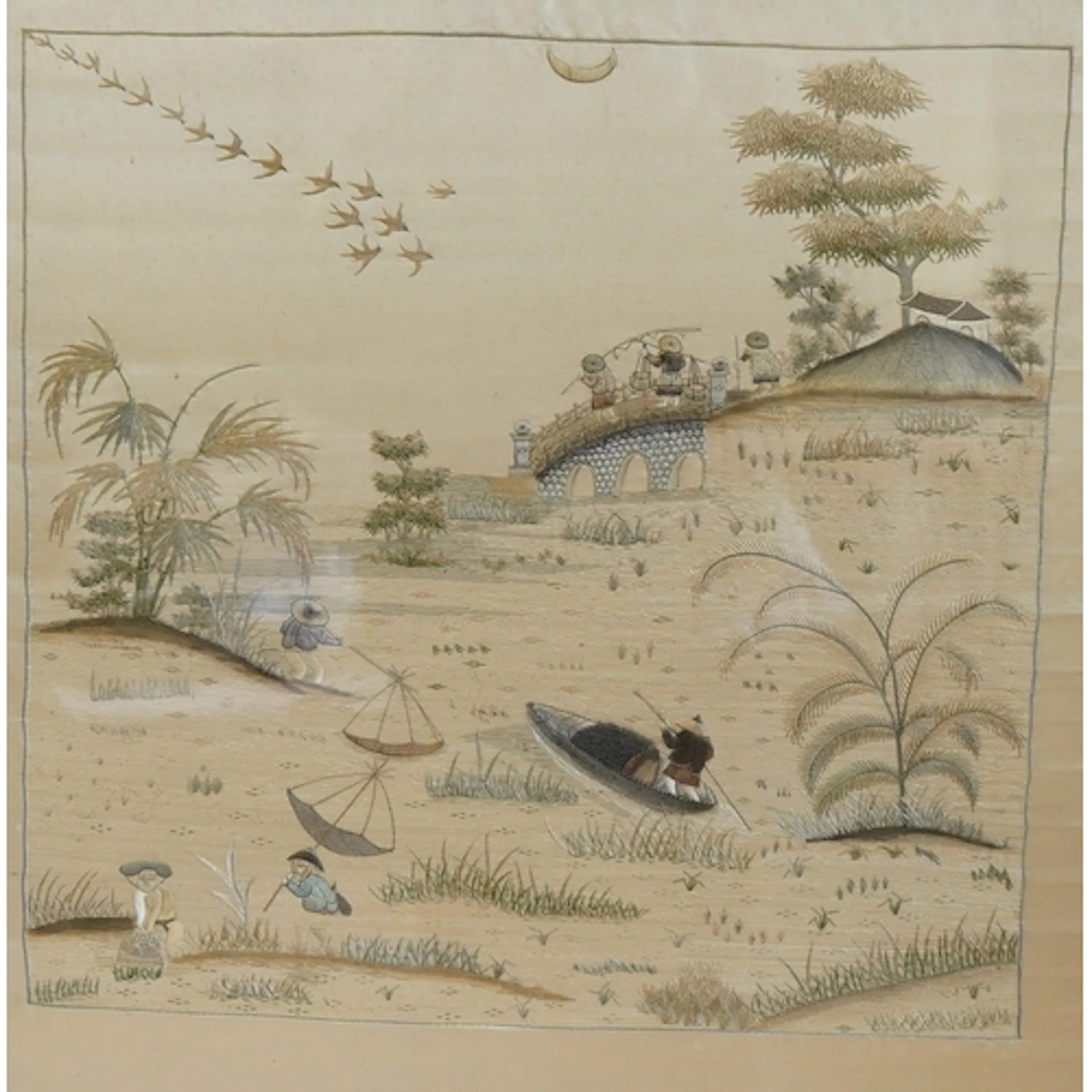 A framed late Qing dynasty fishing scene embroidery, of fish...