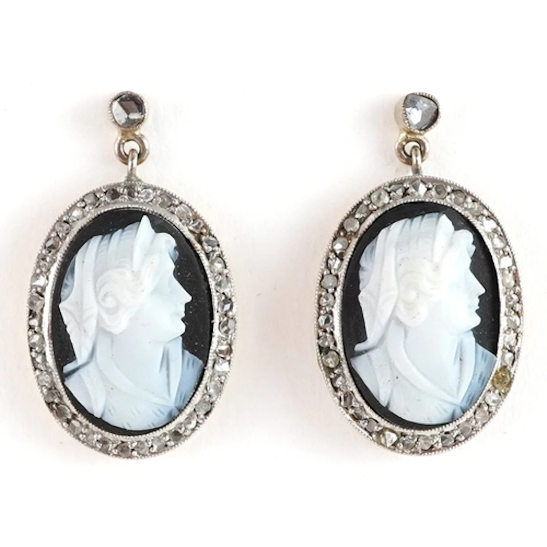 Pair of antique yellow metal diamond cameo drop earrings car...