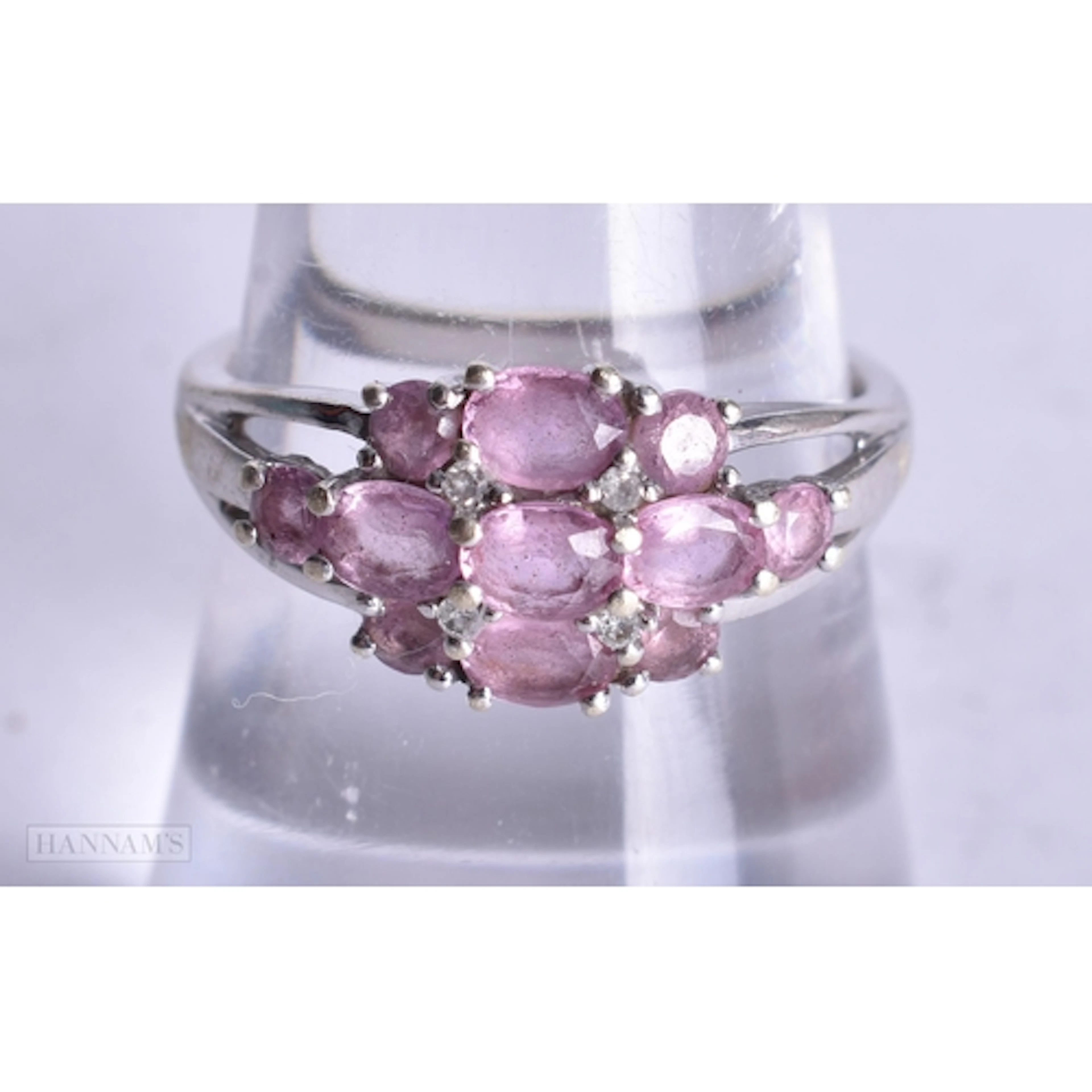 9ct white gold pink sapphire diamond dress ring (2.5g). N/O.