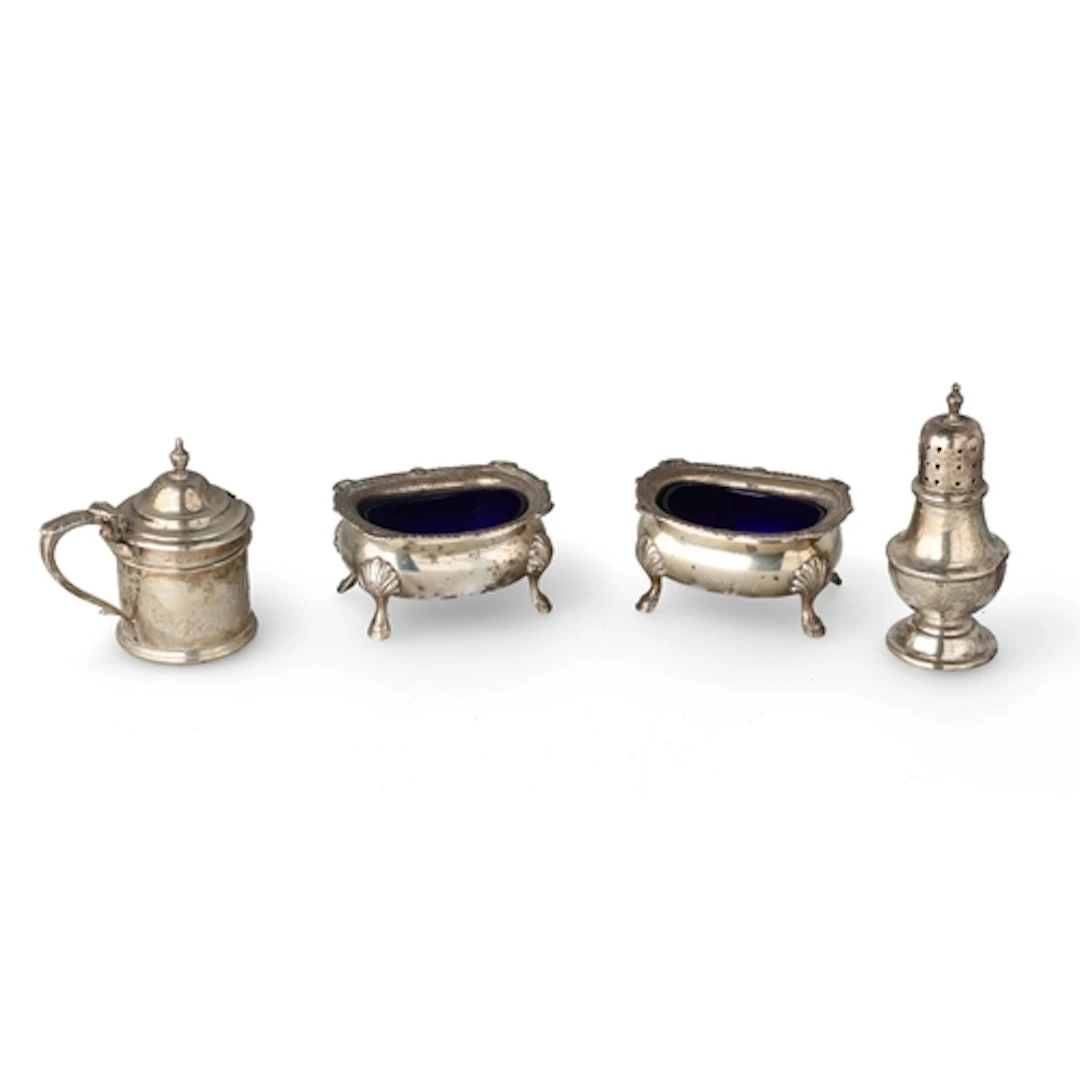 A PAIR OF GEORGE II STYLE SILVER RECTANGULAR SALT CELLARS, L...