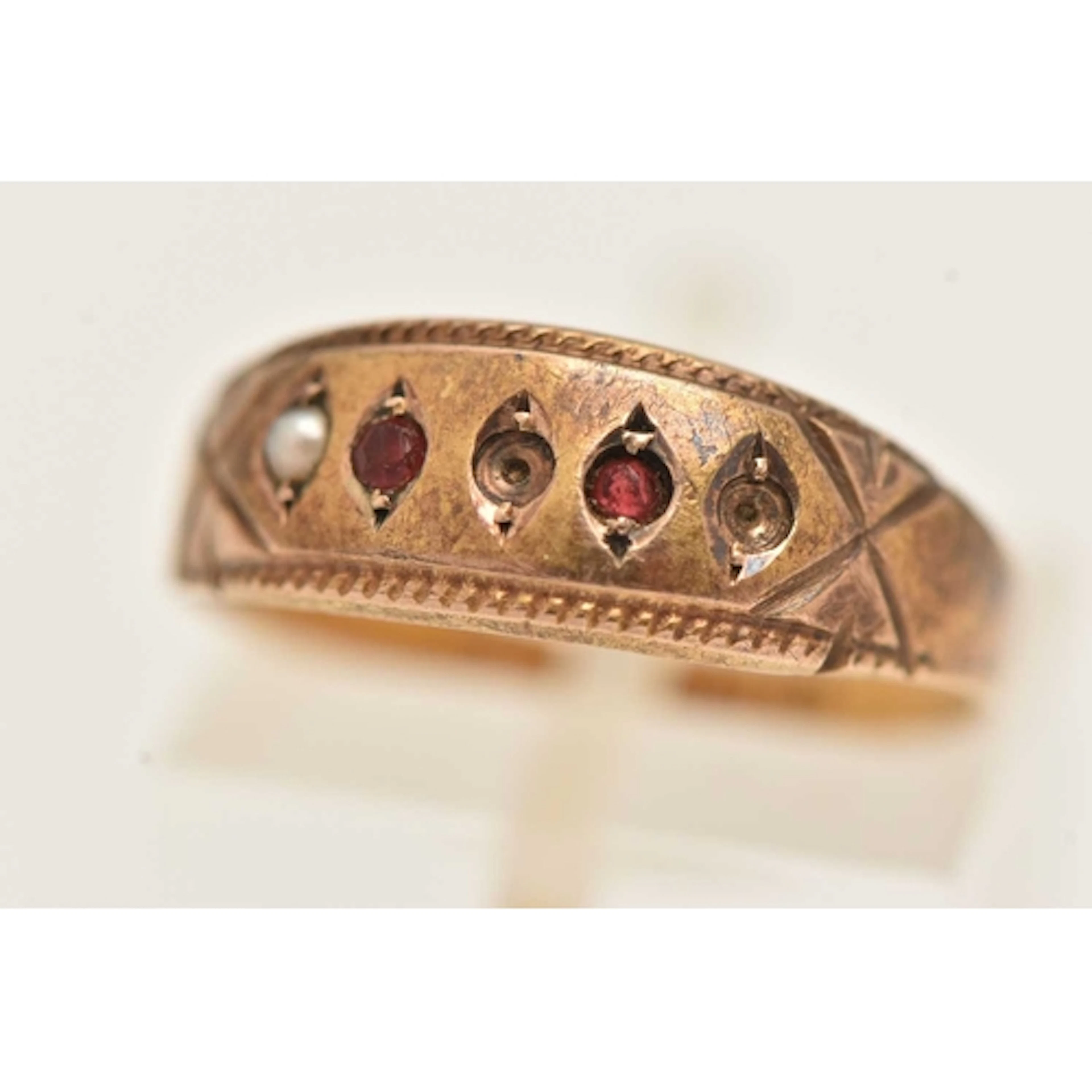 A 15CT GOLD GEM SET RING, set with paste and seed pearls, ap...
