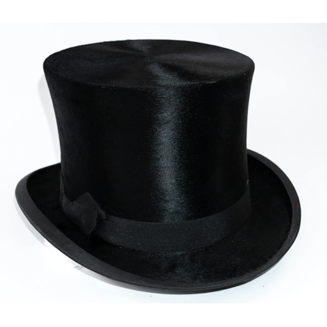 Vintage fashion: A black silk plush top hat, with wide brown...