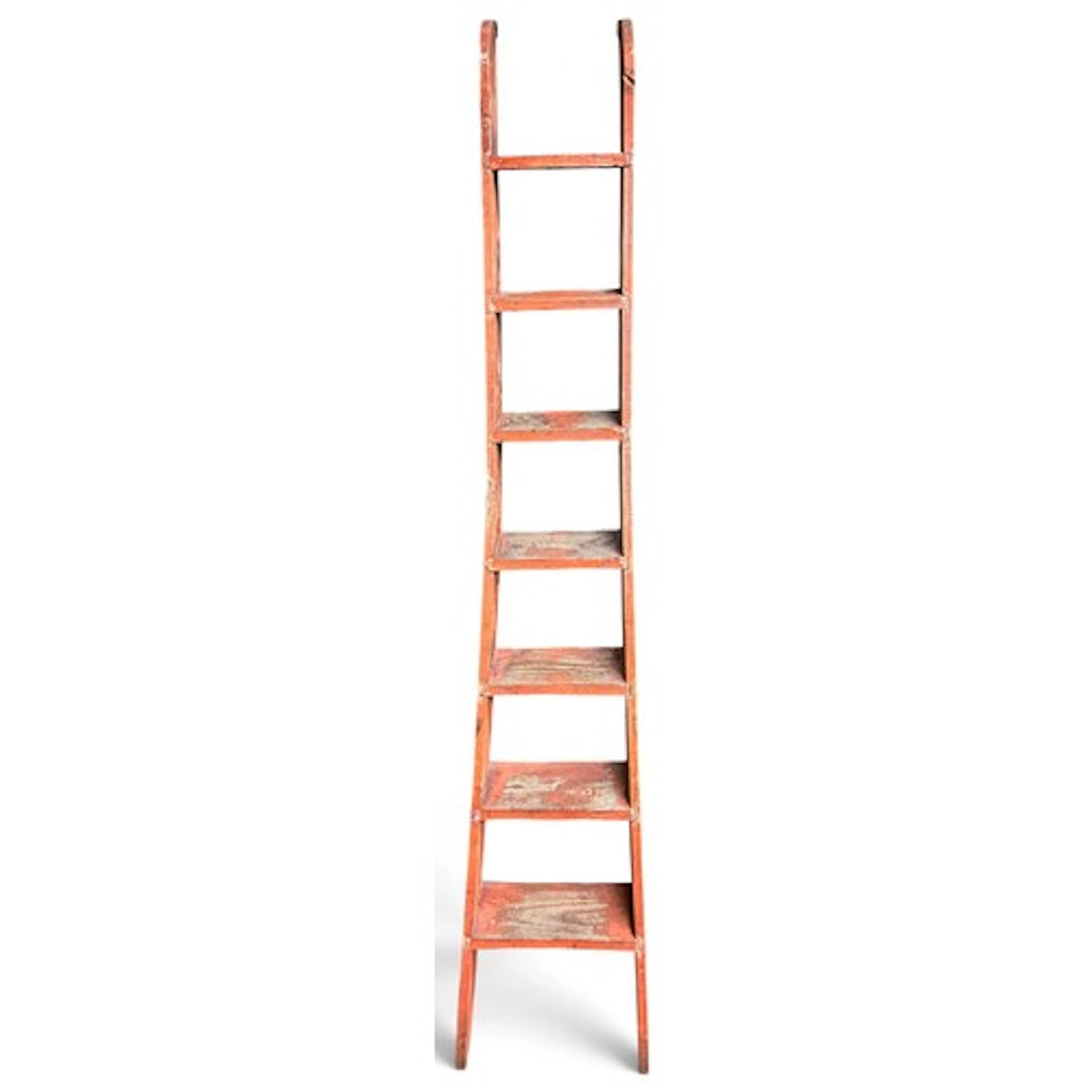 A tall red stained pine library ladder, of tapering form, 19...