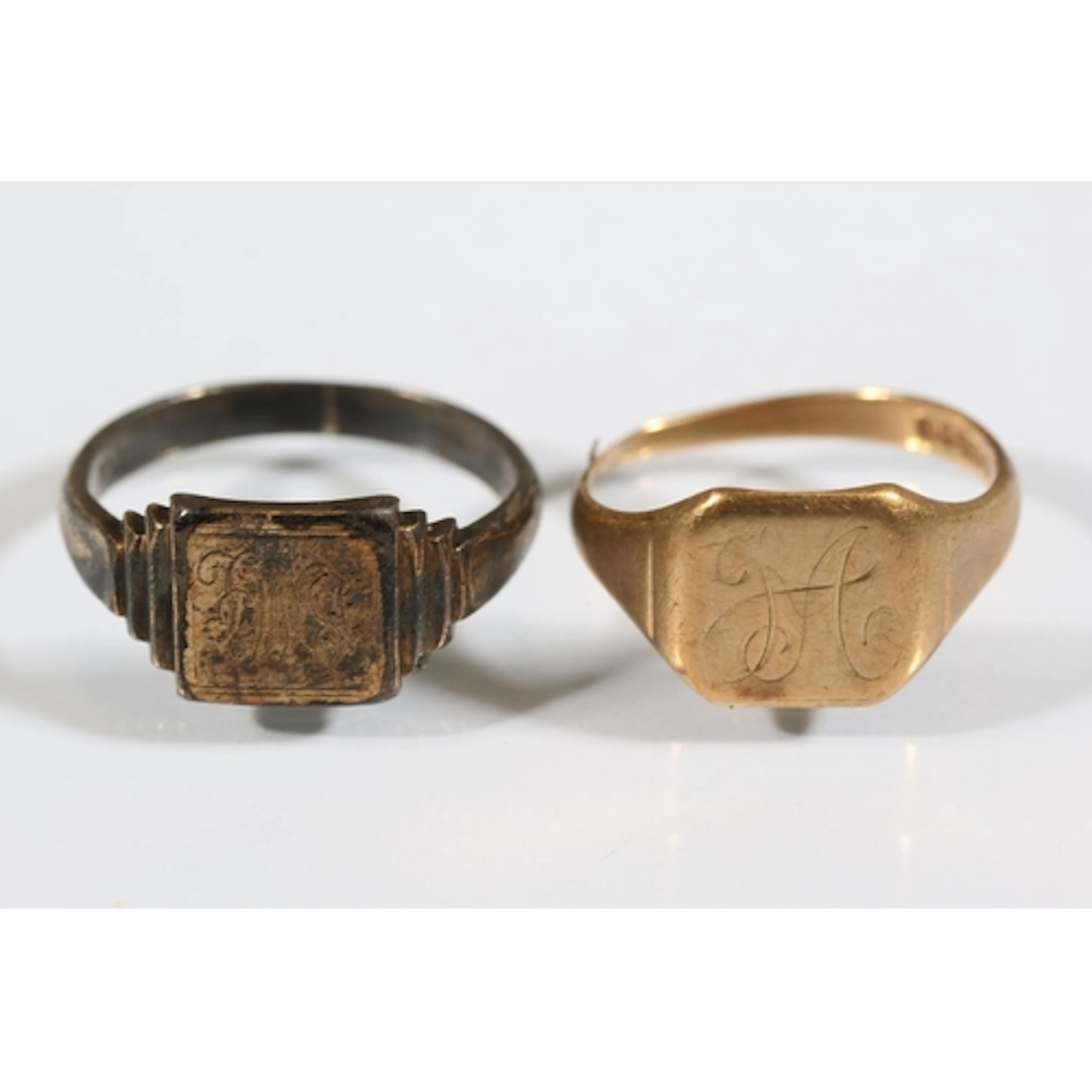 9ct gold signet ring, 3.7g and a gold plated silver signet r...