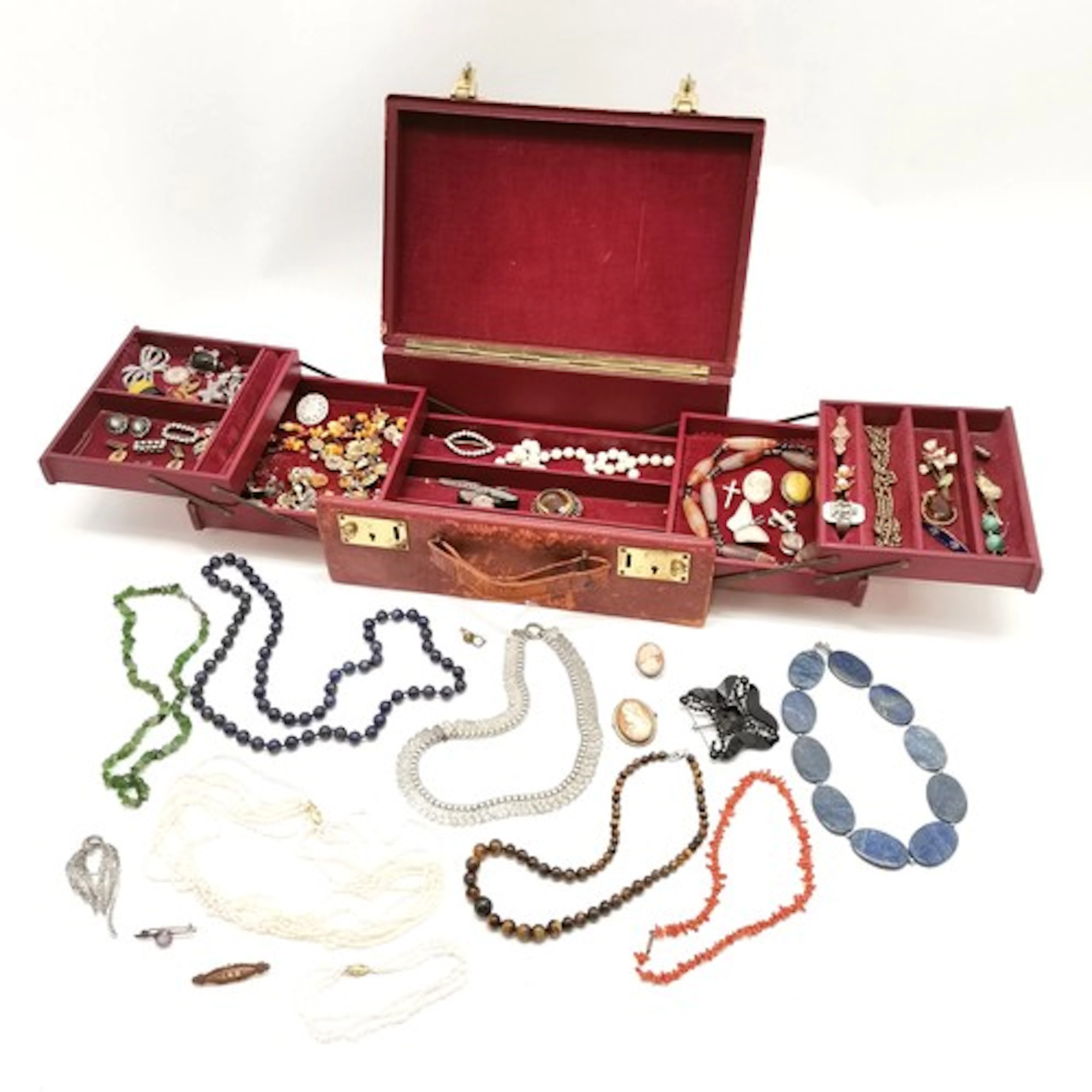Vintage leather fold out jewellery box with contents inc ant...