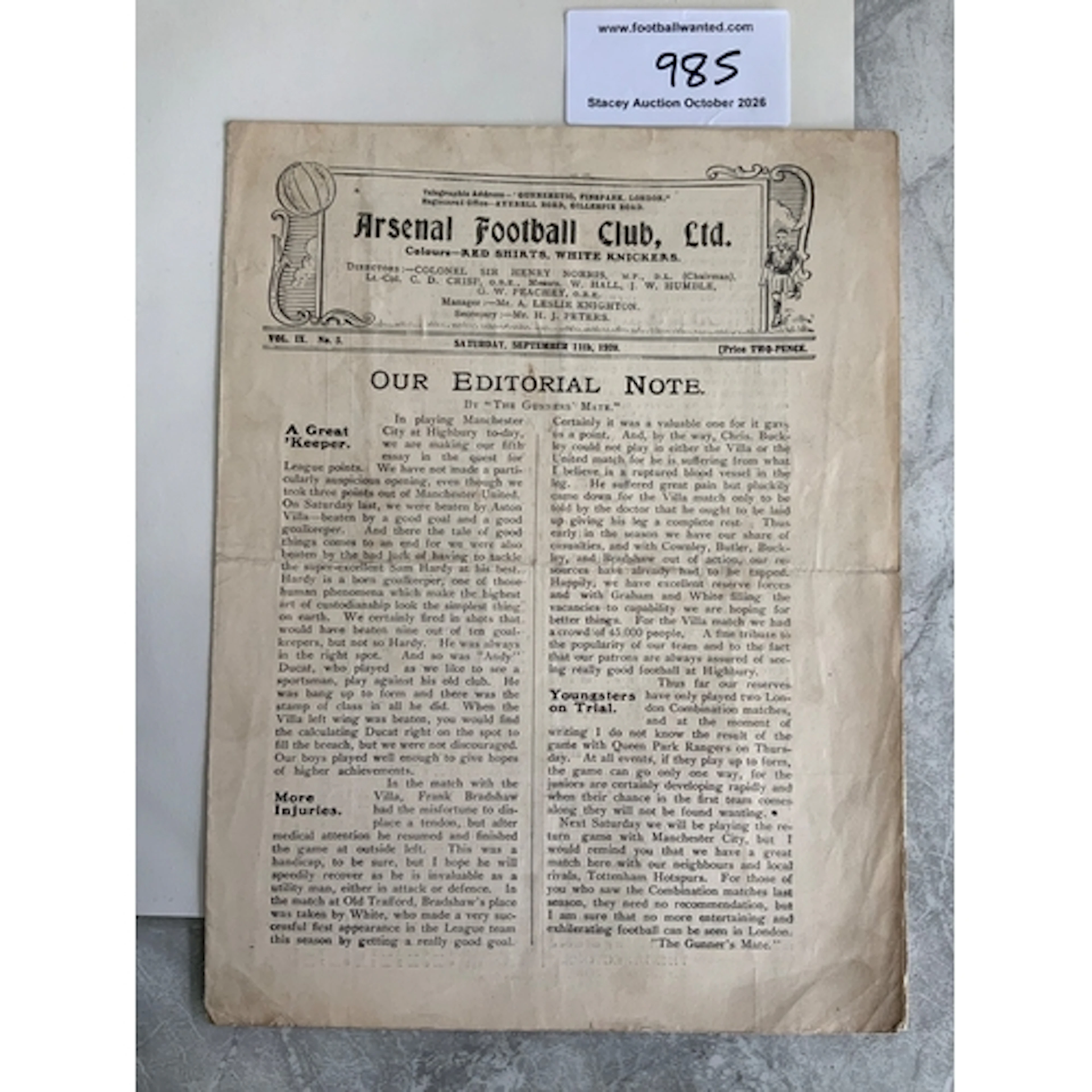 1920 - 1921 Arsenal v Manchester City Football Programme: Ve...