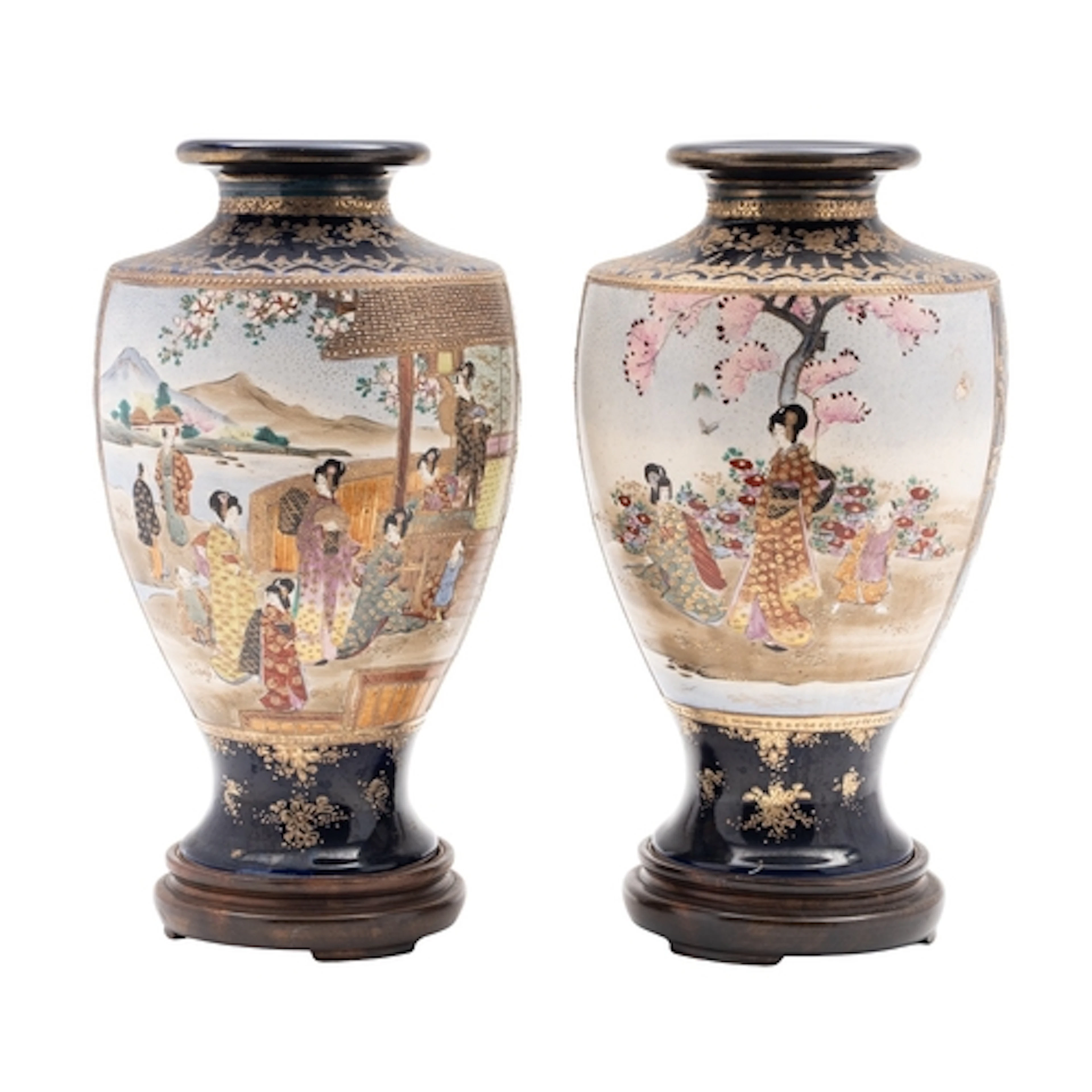 Two pairs of Japanese Satsuma earthenware vases of baluster ...
