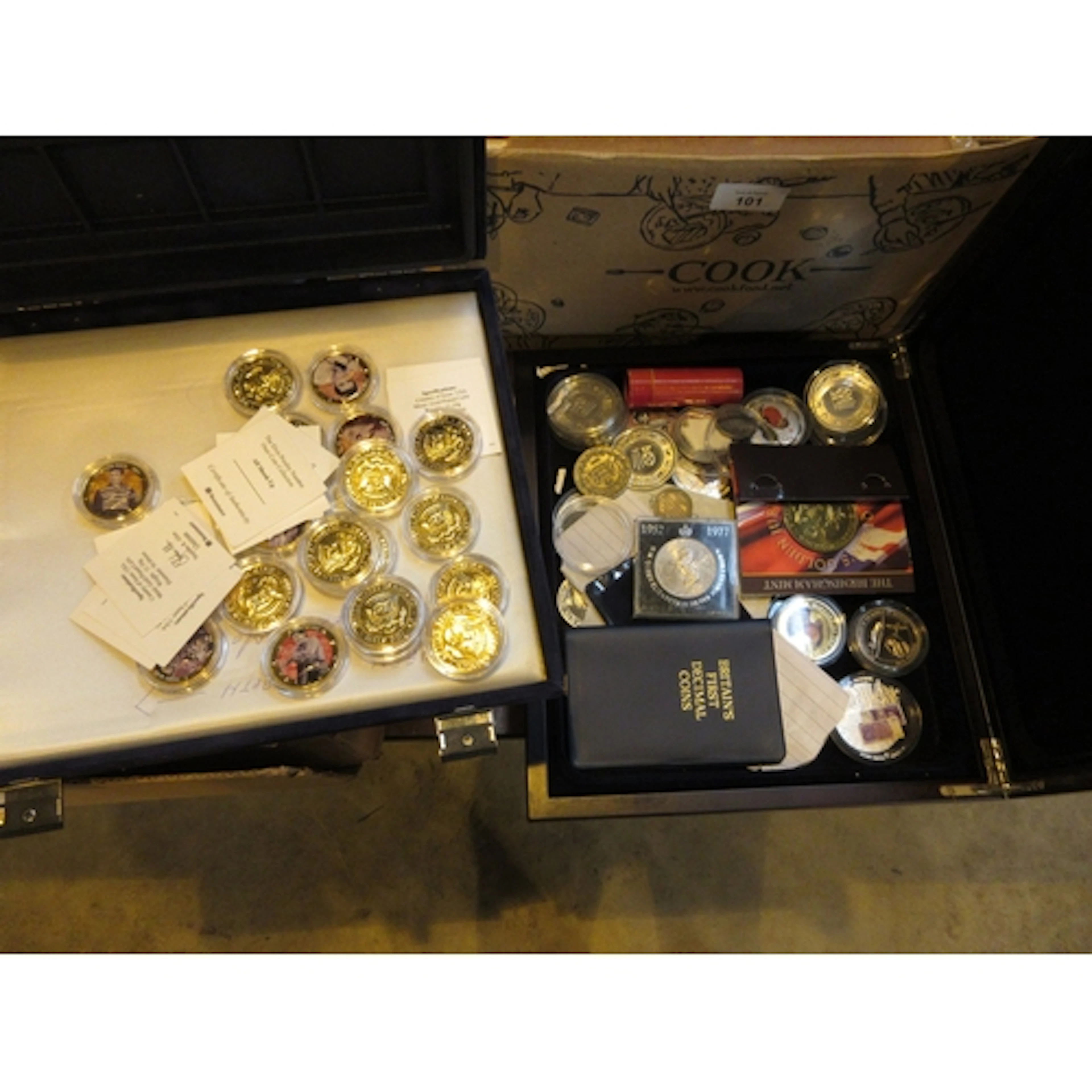 Two Boxes containing Assorted Coins, one featuring Elvis Pre...