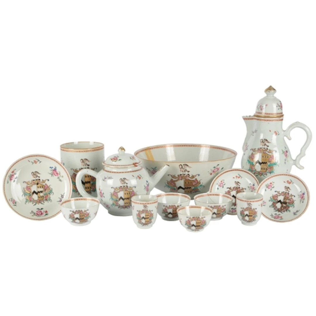 A Chinese famille rose export armorial part tea, coffee and ...