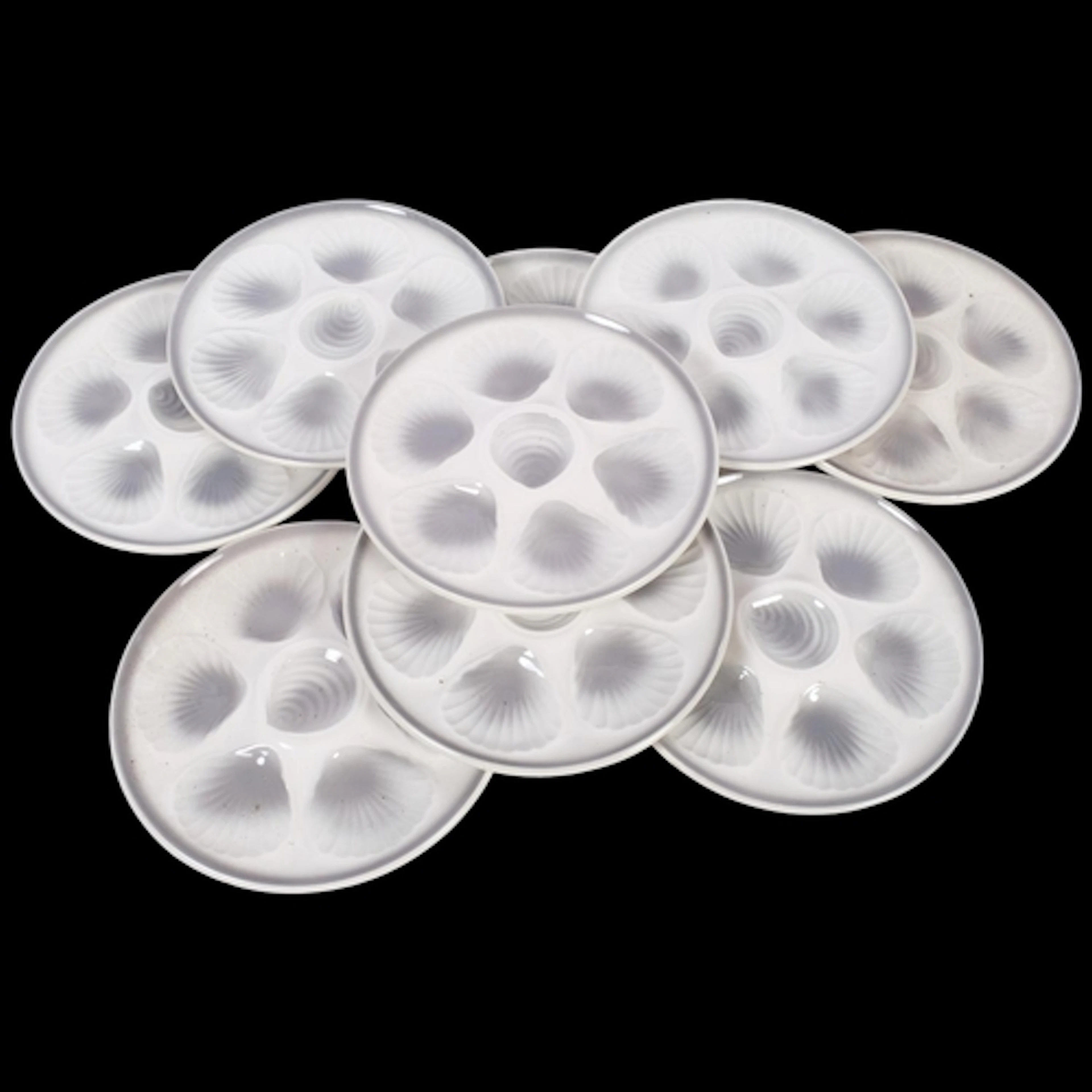 A set of 9 French ceramic oyster plates, 24cm
