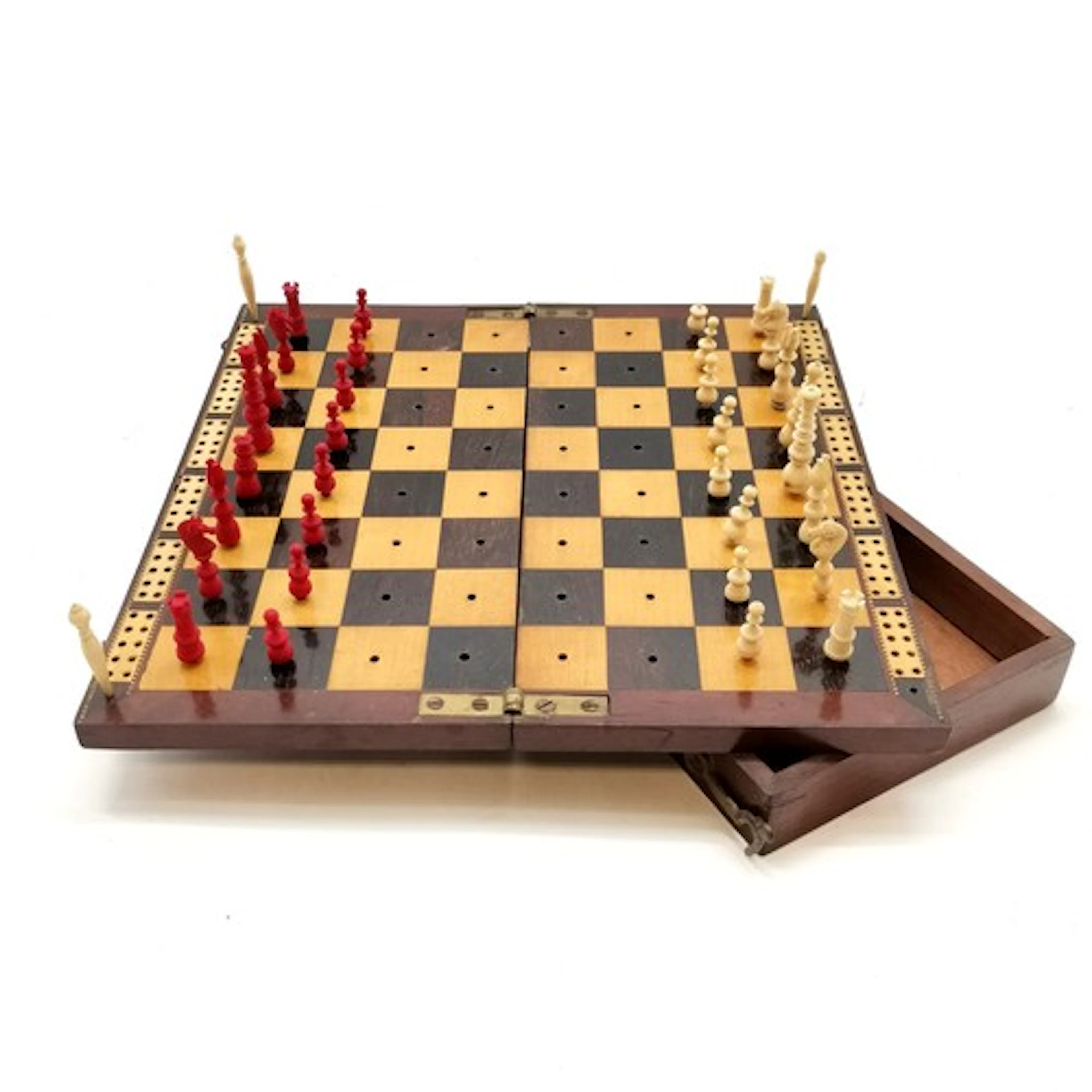Antique mahogany cased travel chess set 23cm x 11.5 cm x 4.5...