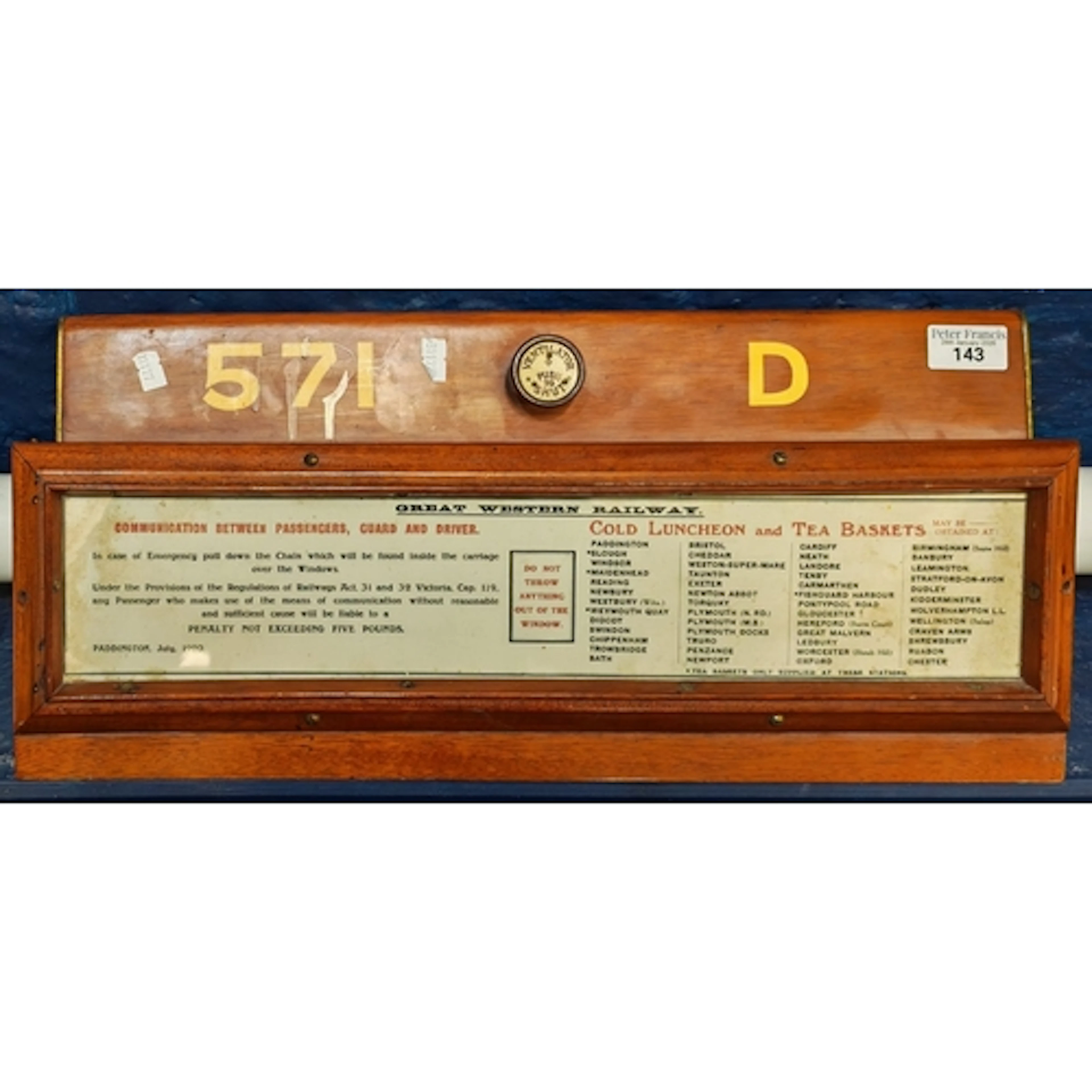 Great Western Railway mahogany hinged ventilator panel with ...