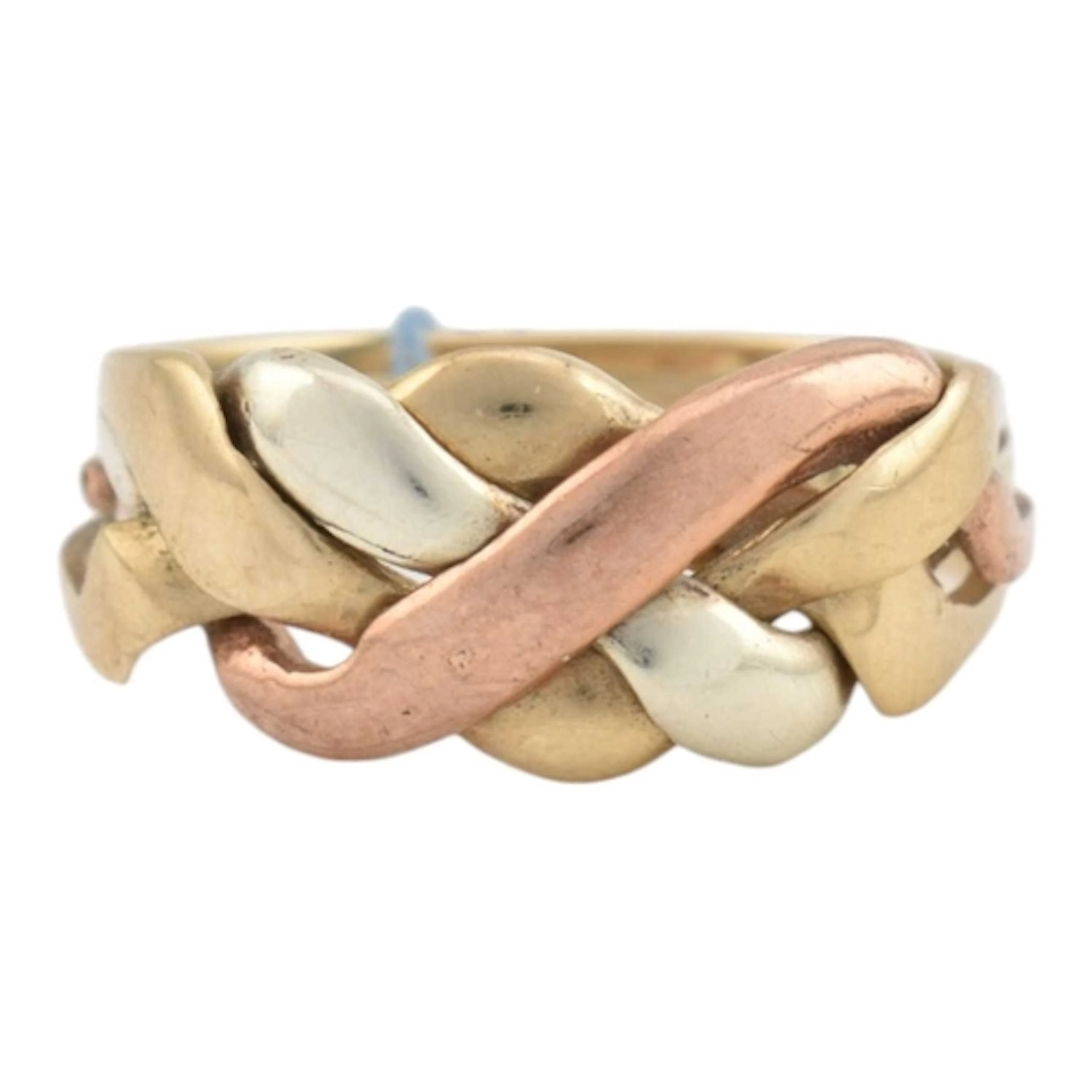 A hallmarked 9ct gold tri colour four strand puzzle ring. Ha...