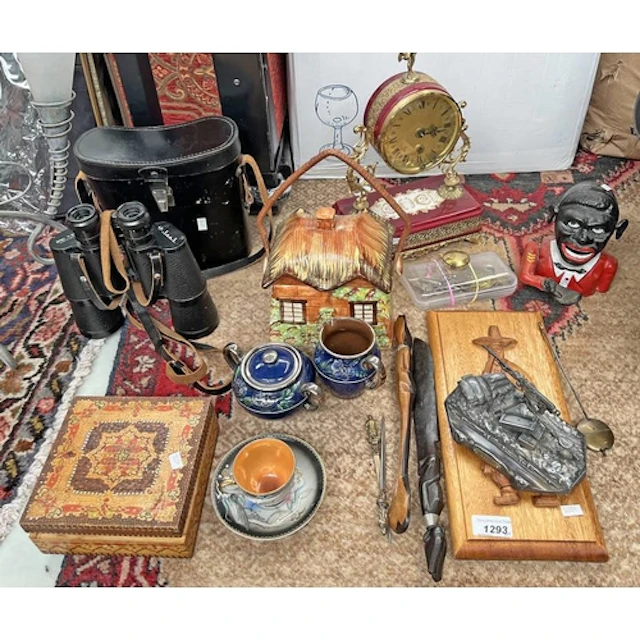 MANTLE CLOCK, RUSSIAN BINOCULARS, NOVELTY MONEY BANK, FAIRYL...