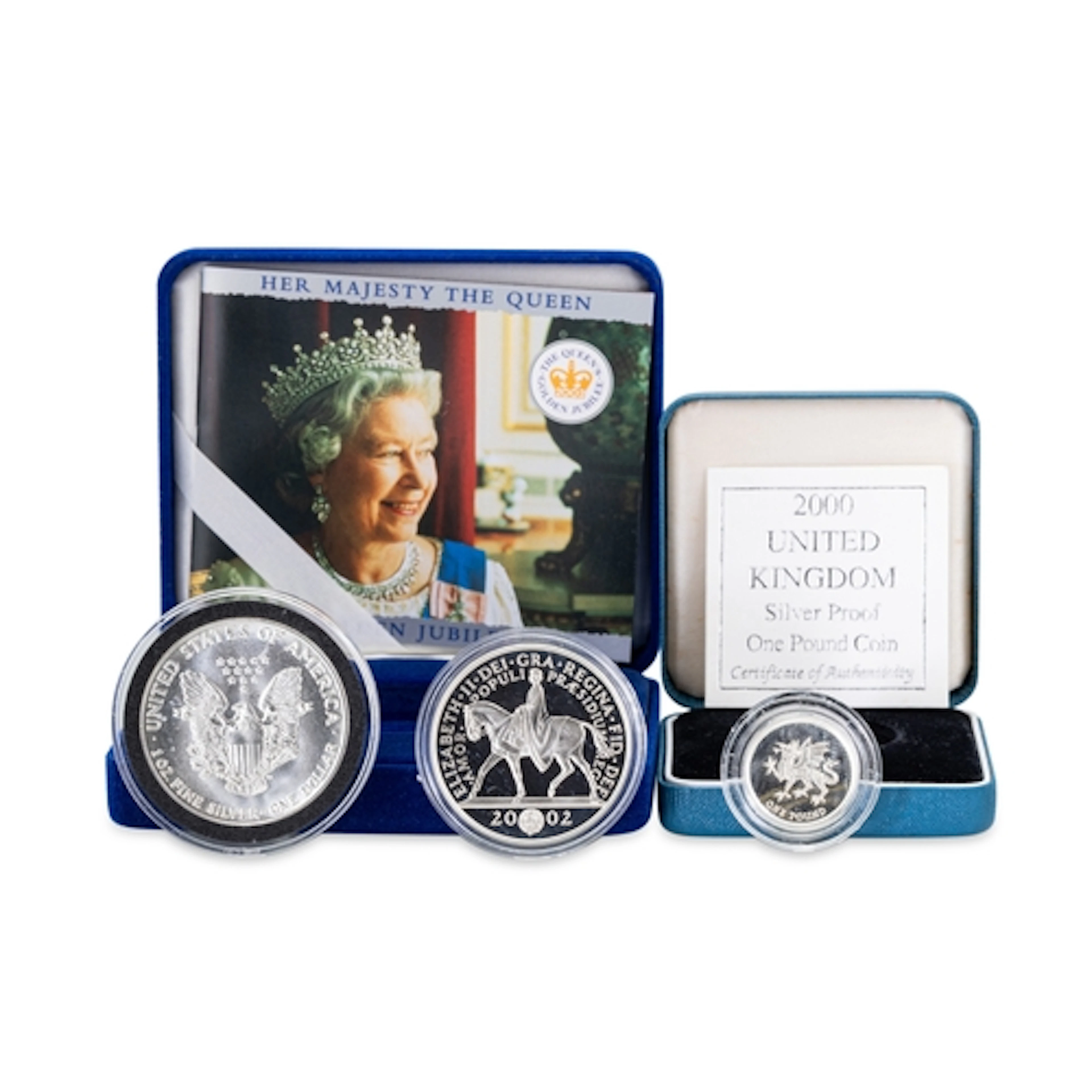 A 2002 PROOF SILVER ELIZABETH II CROWN, plus 2000 silver pro...