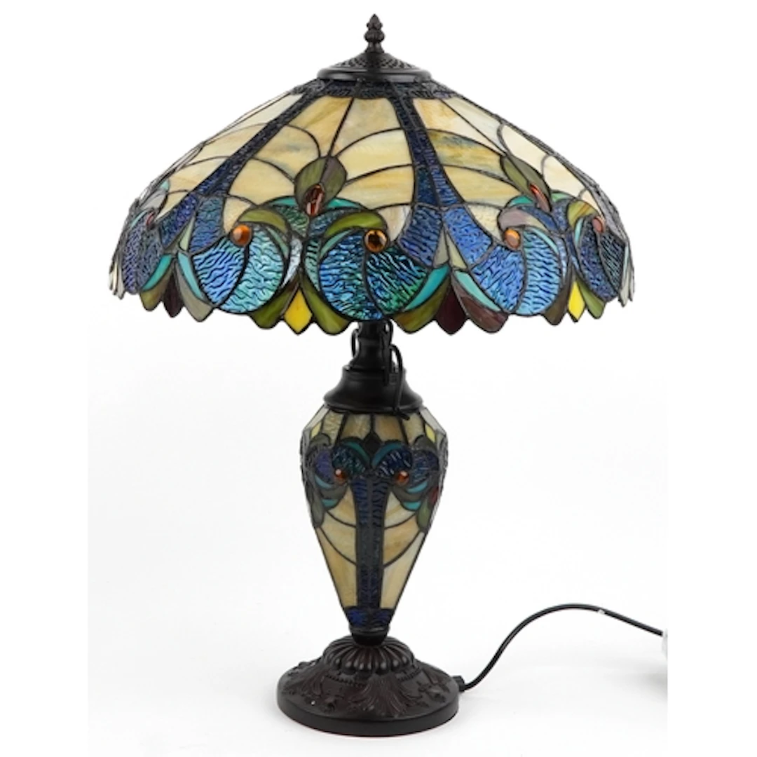 Tiffany style floral design table lamp with leaded glass sha...